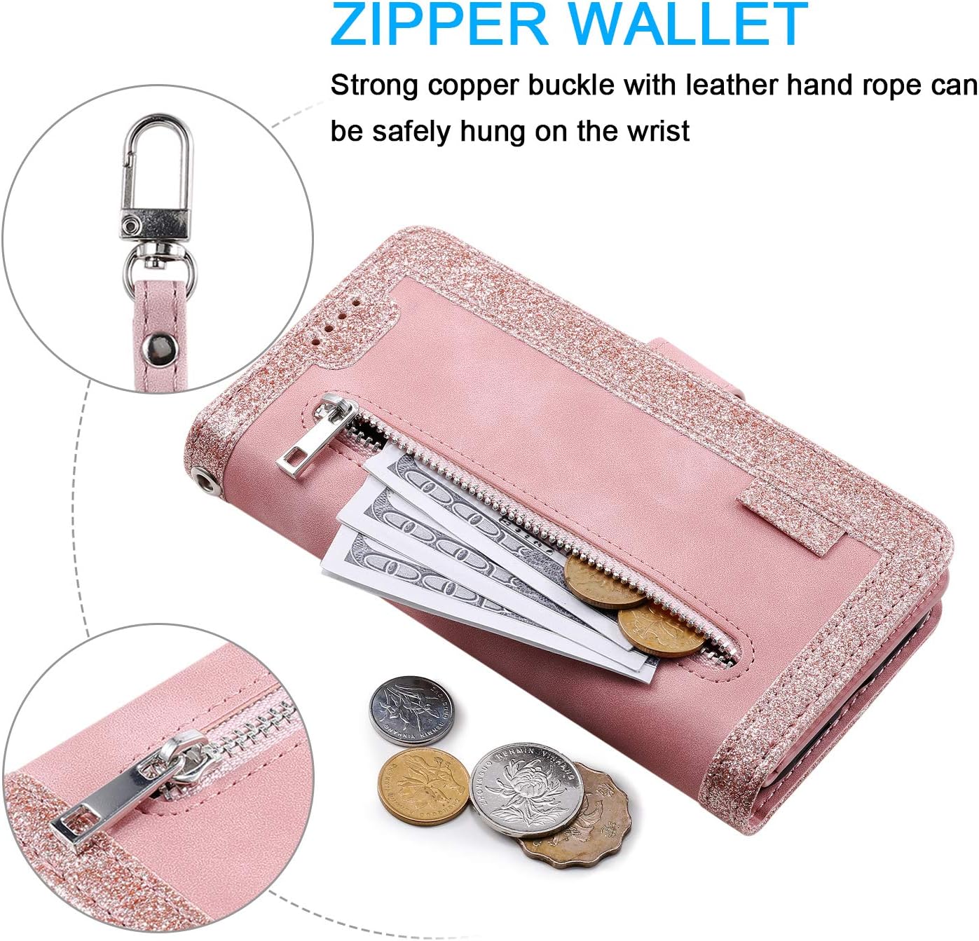 Furiet Compatible con Samsung Galaxy Note 9 – Funda tipo cartera para correa de muñeca con correa de muñeca, soporte para tarjetas de piel