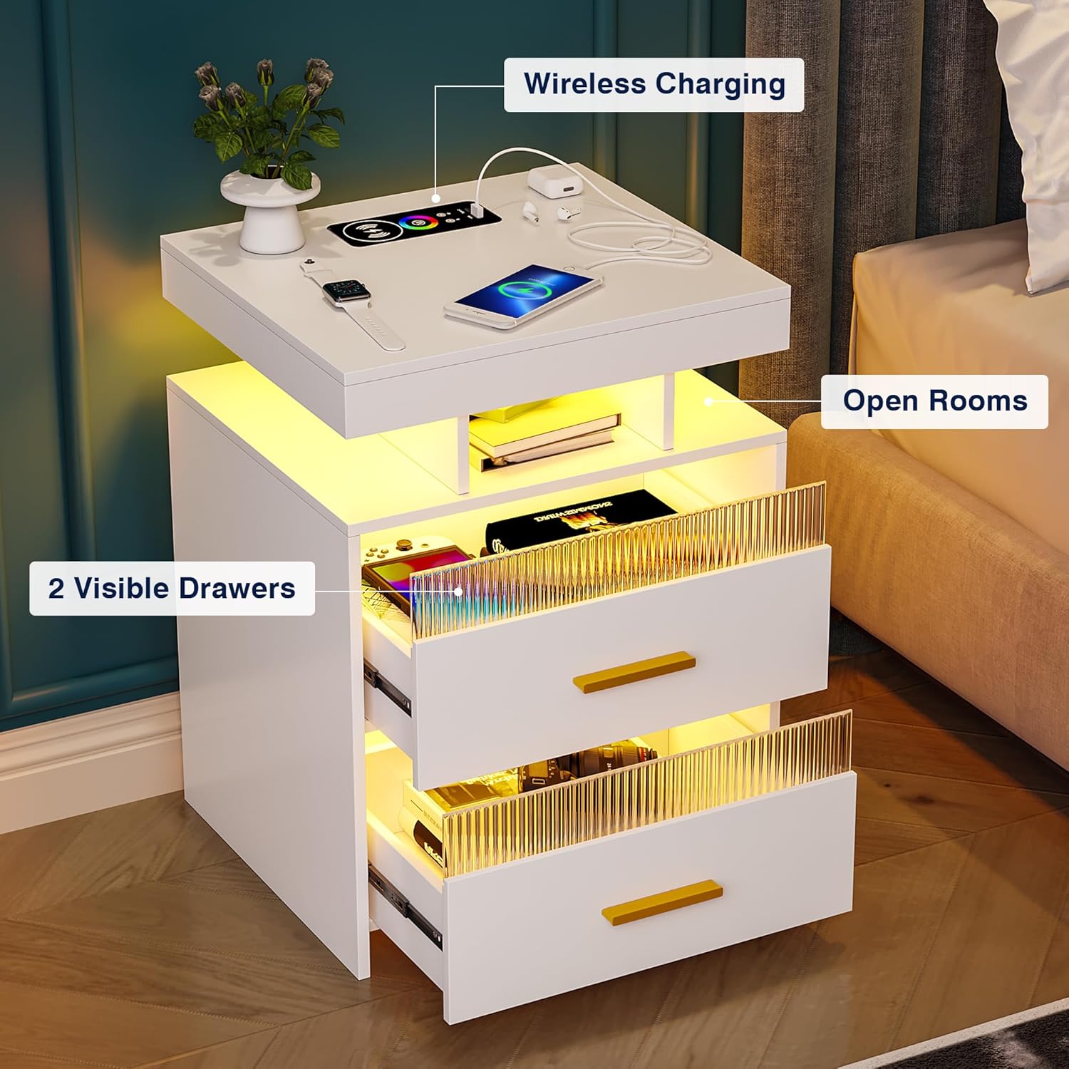 OUTDOOR DOIT Mesita de noche con estación de carga inalámbrica y luces LED, mesitas de noche modernas, mesita de noche con 2 cajones transparentes y