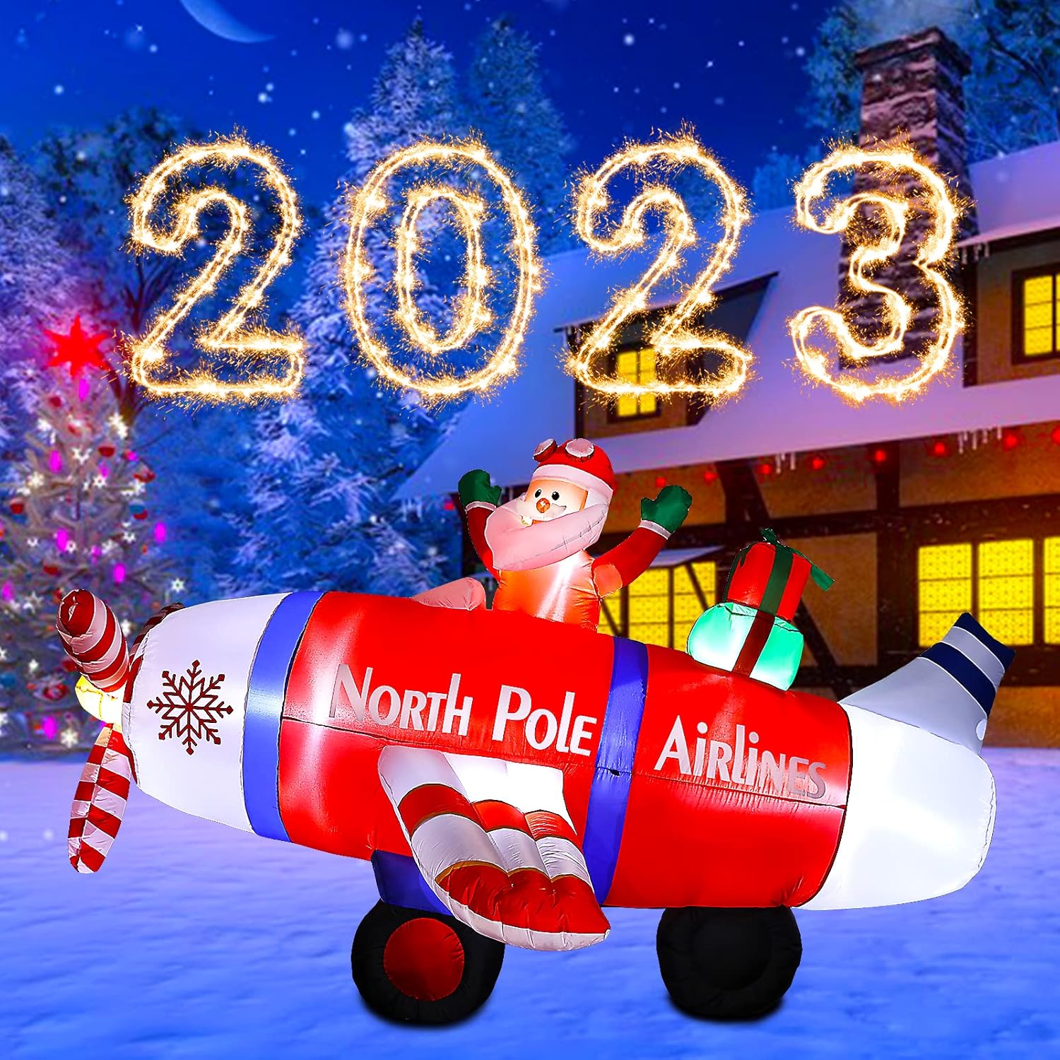 Inflables de Navidad de 8 pies, decoraciones al aire libre, avión polar volador gigante de Papá Noel con regalos, decoraciones inflables iluminadas