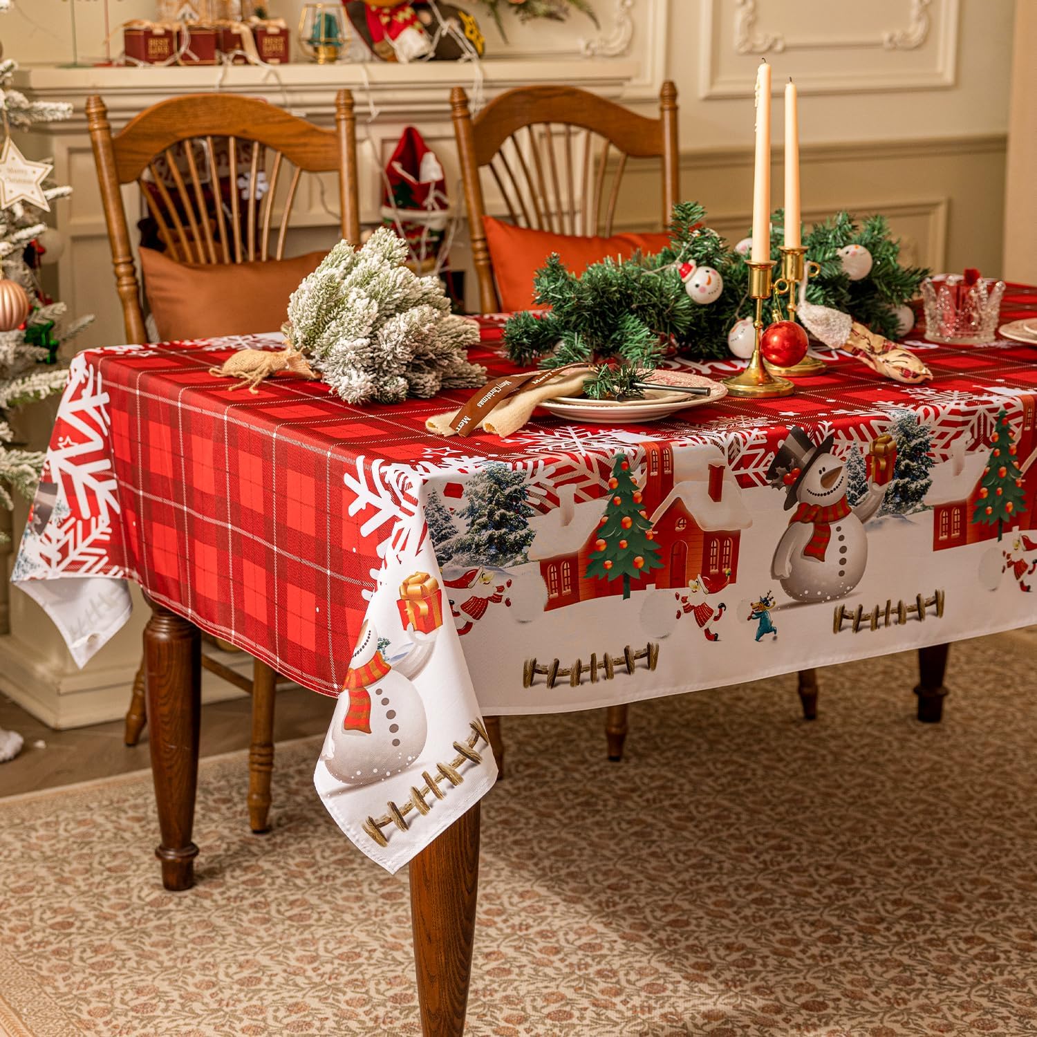 Softalker Mantel rectangular de Navidad  Mantel de poliéster lavable a cuadros rojos con diseño de copo de nieve y copo de nieve para comedor,
