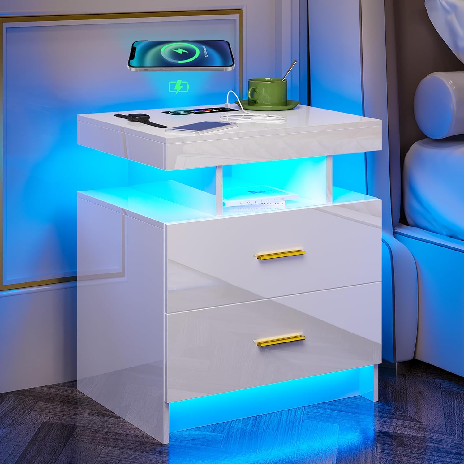 HNEBC Mesita de noche LED, RGB blanco con estación de carga USBinalámbrica, moderna mesita de noche con sensor automático de luces RGB, mesa