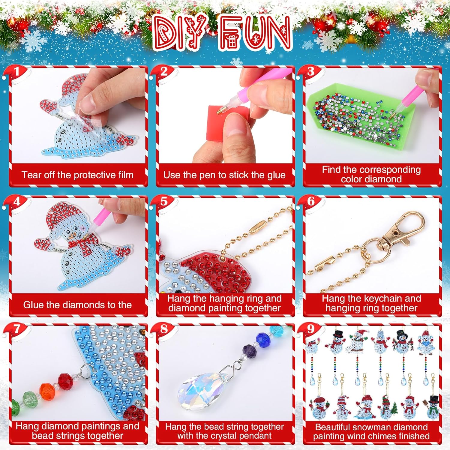 Riceshoot 12 piezas de pintura de diamantes de Navidad para niños y adultos, llavero de pintura de diamante 5D, regalo de Navidad, adornos de