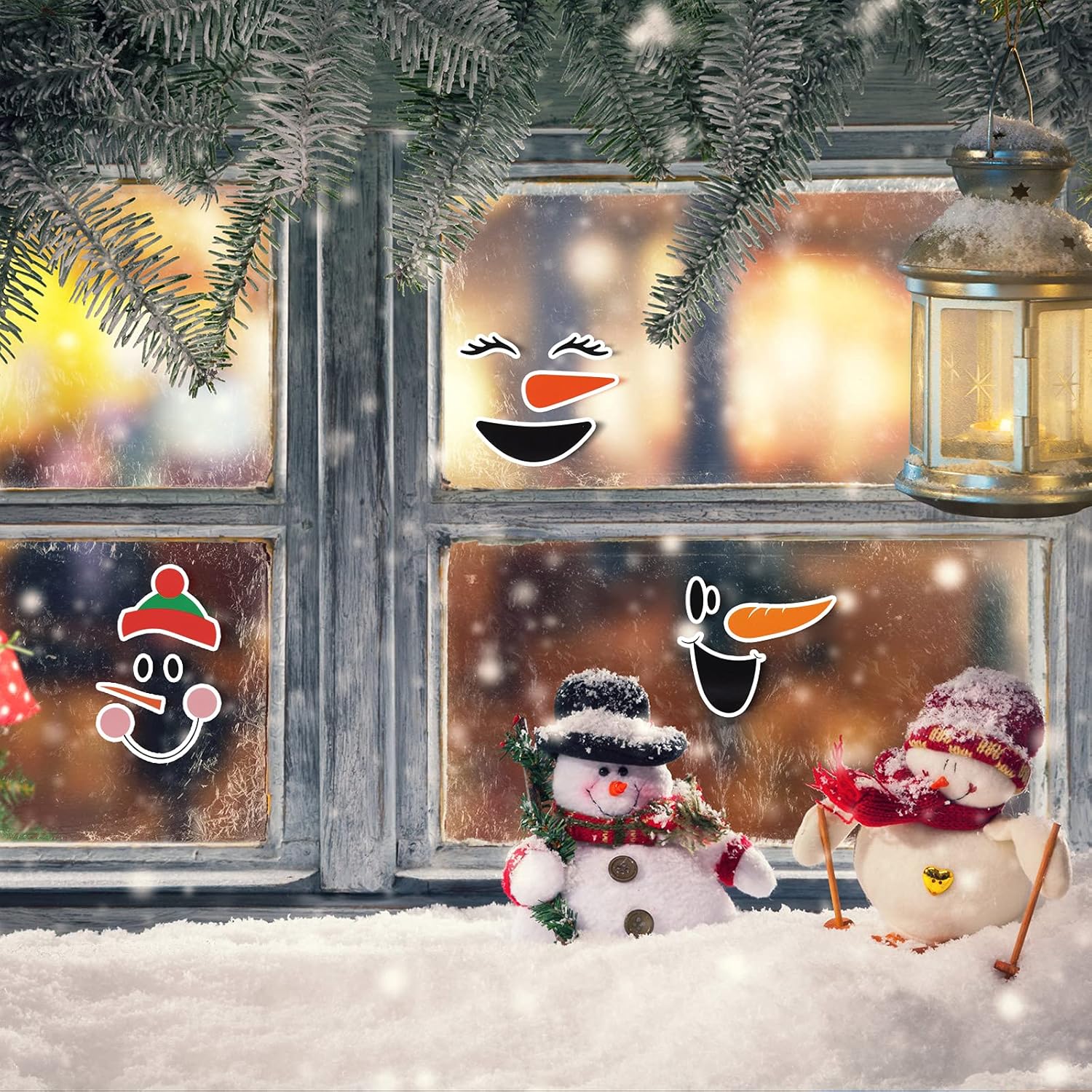 36 calcomanías de caras de muñeco de nieve, calcomanías de caras de muñeco de nieve, calcomanías de ventana de vidrio de Navidad, lindo muñeco de