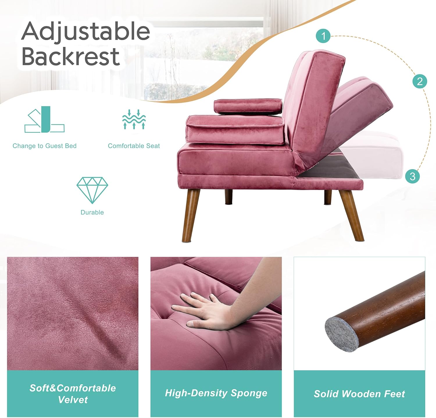 Meilocar Sofá cama de terciopelo, sofá biplaza de 60 pulgadas con reposabrazos extraíbles, cama de invitados ajustable para espacios pequeños,