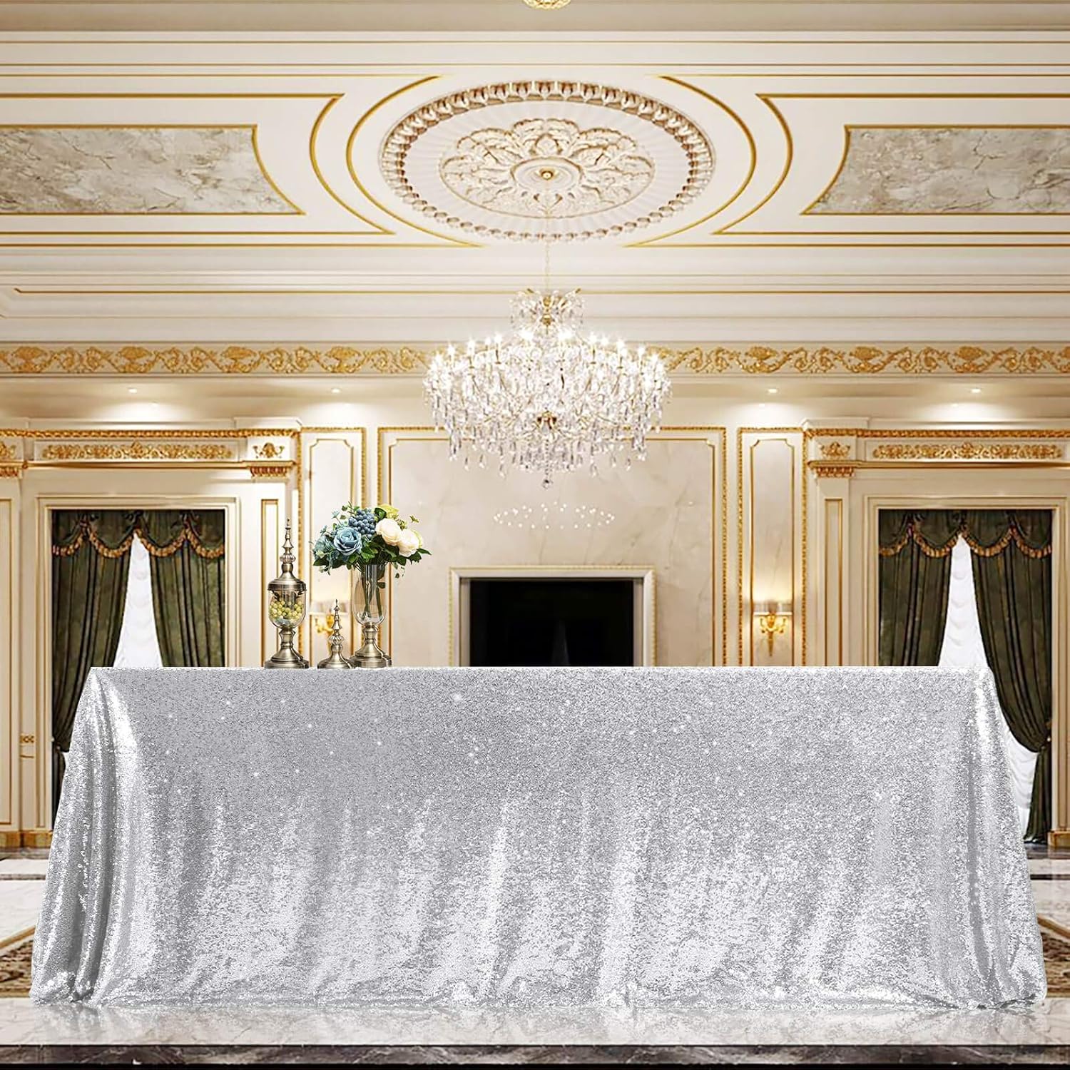 Mantel rectangular de lentejuelas con purpurina de 90 x 156 pulgadas, color plateado, para decoración de cumpleaños, despedida de soltera, fiesta,