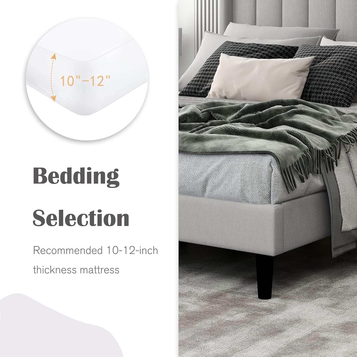 Base de cama tapizada tamaño matrimonial con cabecera con respaldo de ala, no necesita somier, soporte de listones de madera, fácil montaje, gris