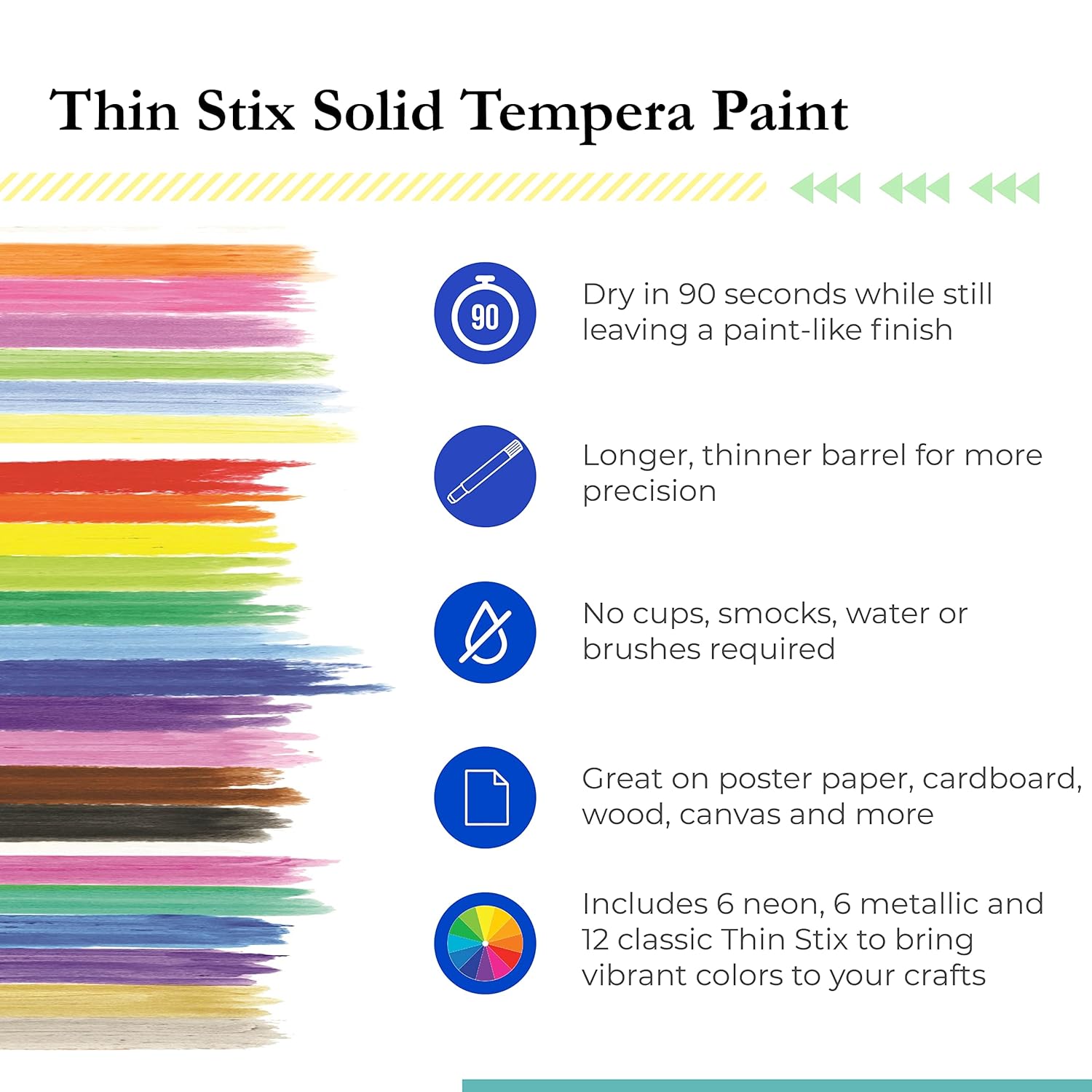The Pencil Grip Kwik Stix – Pinturas de témpera sólidas, bolígrafos de pintura Stix finos, secado súper rápido, 6 neón, 6 metales y 12 colores