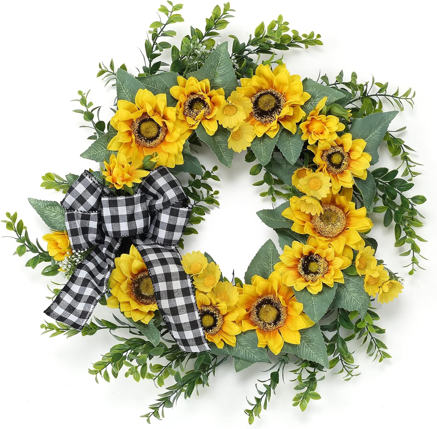 Adeeing Corona de girasol de primavera y verano para puerta delantera, decoración de girasol de 18 pulgadas con hojas verdes, lazo hecho a mano para