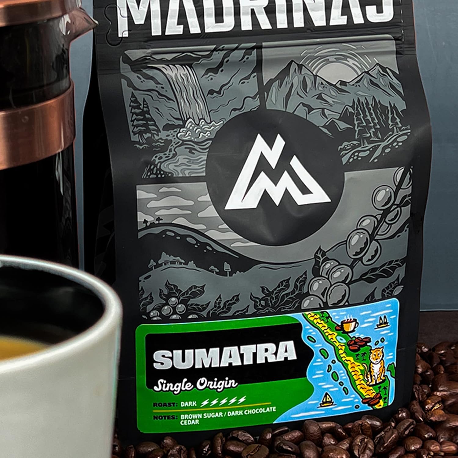Madrinas  Café Sumatra de origen único – Tostado oscuro  Grano entero de 12 onzas
