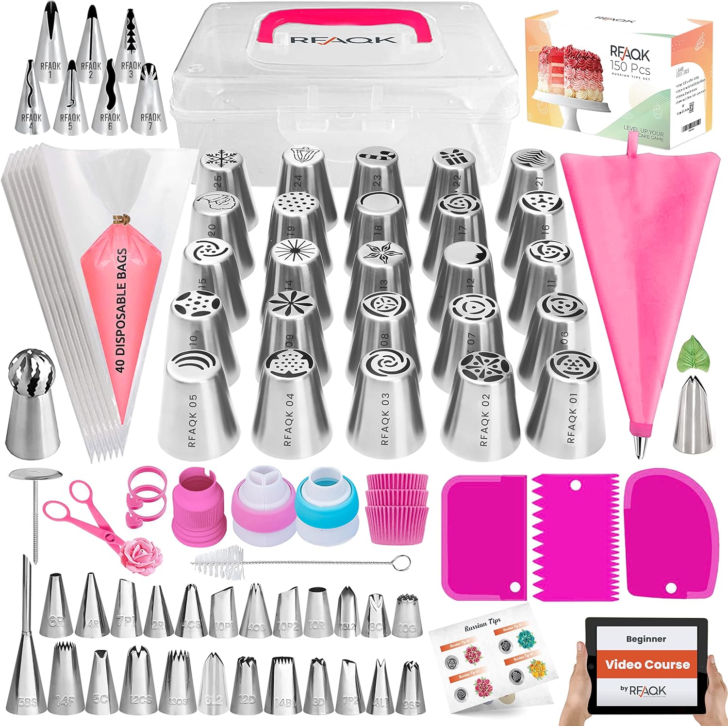 RFAQK Juego completo de 150 puntas de tubería rusas  Kit de suministros de decoración de galletas, cupcakes  Juego de puntas de pastelería (24