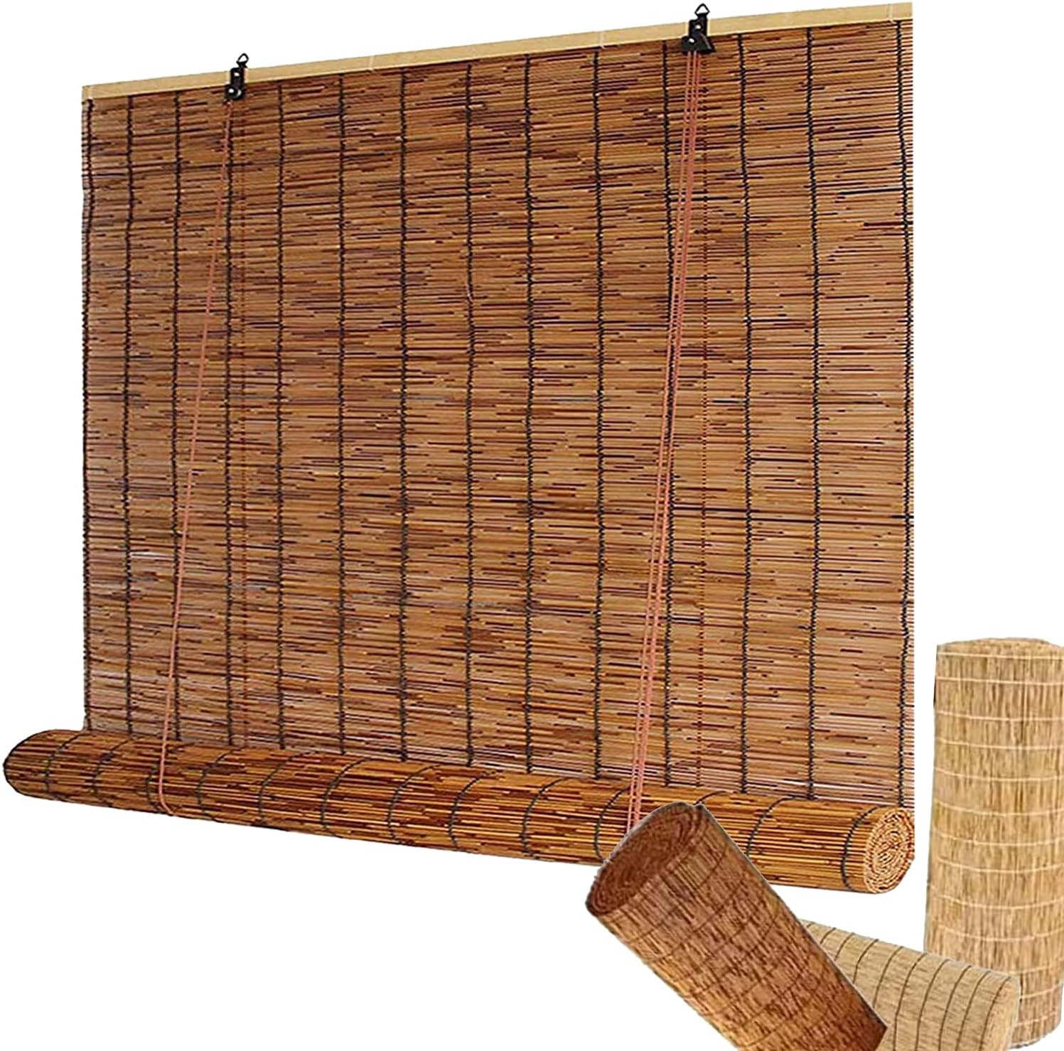 Persianas enrollables de bambú retro sin cordones, persianas de bambú para exteriores, persianas de bambú para patio con elevador, fácil