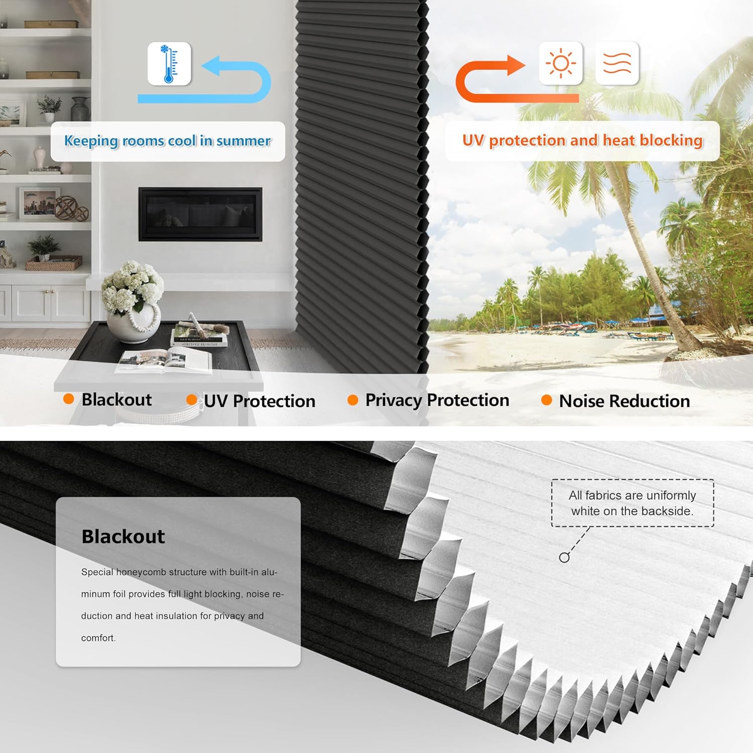 LazBlinds No Tools No Drill – Persianas celulares sin cordones, opacas con diseño de panal para oscurecer la habitación, persianas plisadas para