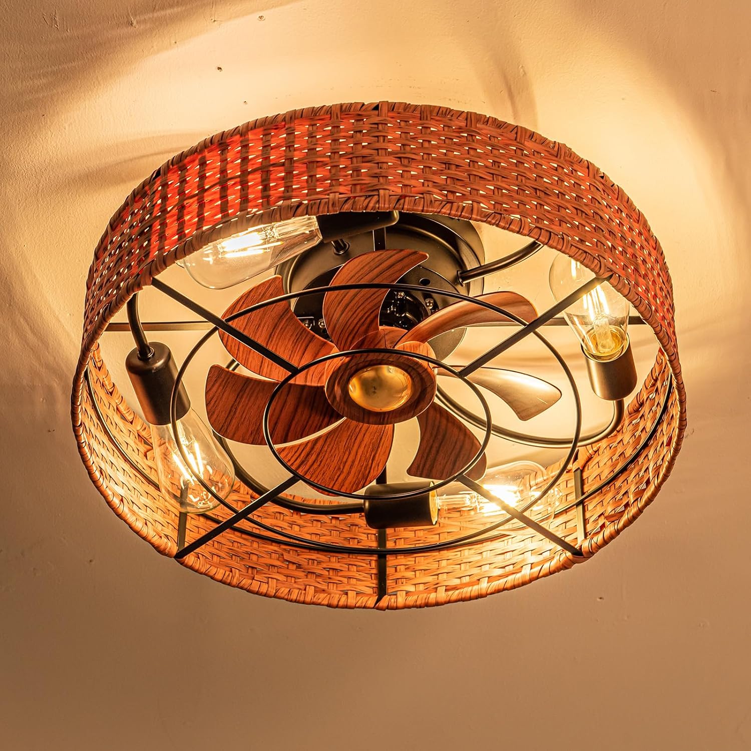 Ventilador de techo bohemio de ratán de 19 pulgadas con luz empotrada, ventilador de techo enjaulado de granja con control remoto reversible de 6