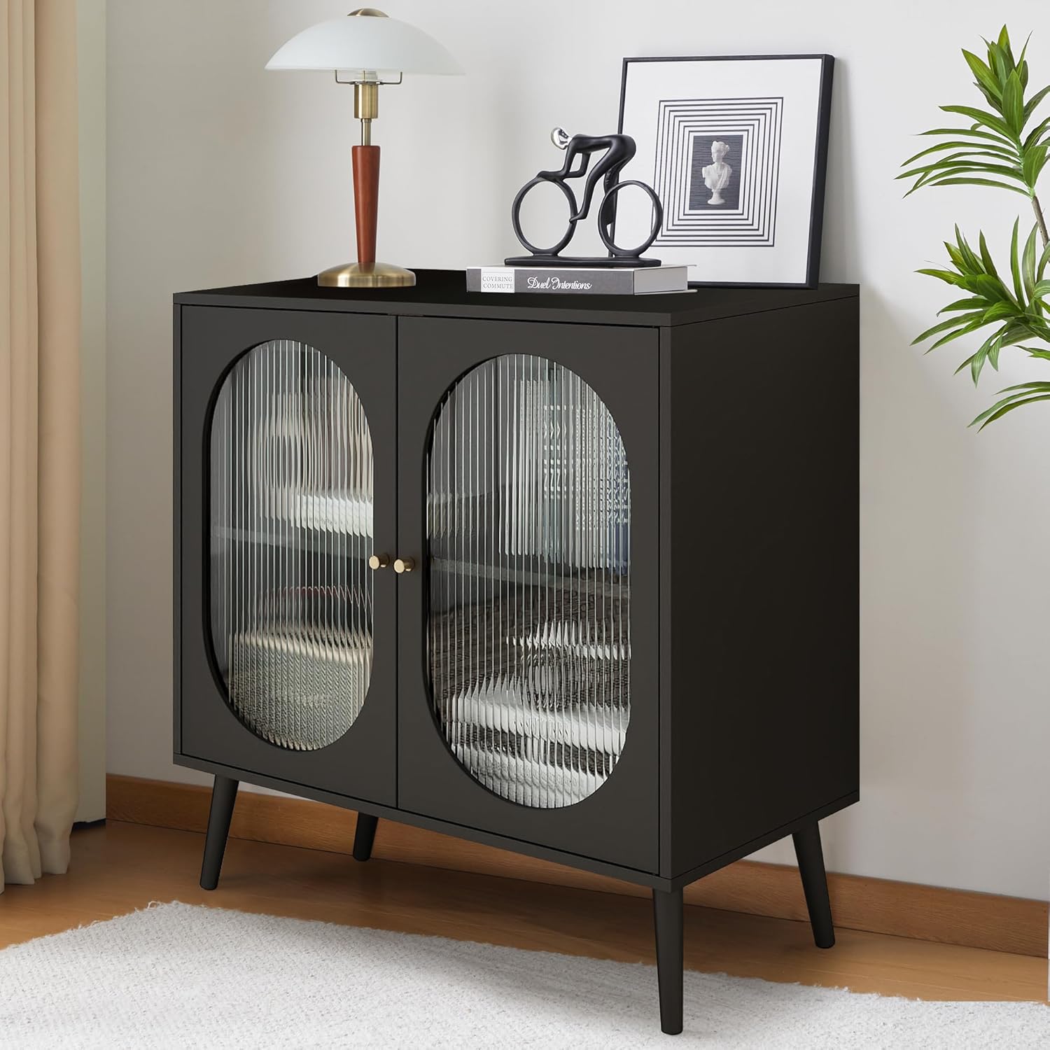 PHOYAL Aparador de buffet, armario de almacenamiento moderno con 2 puertas y estantes ajustables para cocina, sala de estar, pasillo, color negro
