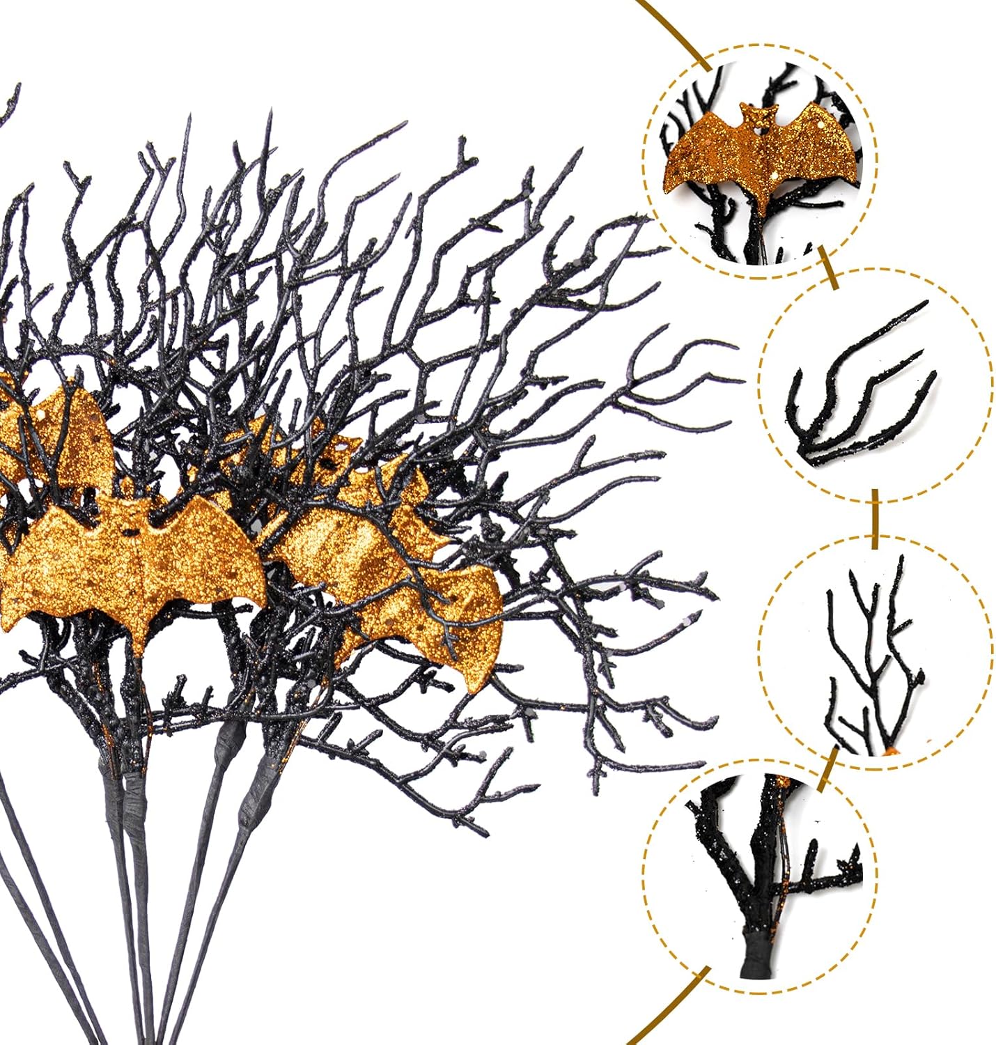 Yawwind Artificial Halloween Picks 17inch Balck Halloween Branches for Vase Gilitter Halloween Stems with Glitter Golden Bat for Table Centerpiece