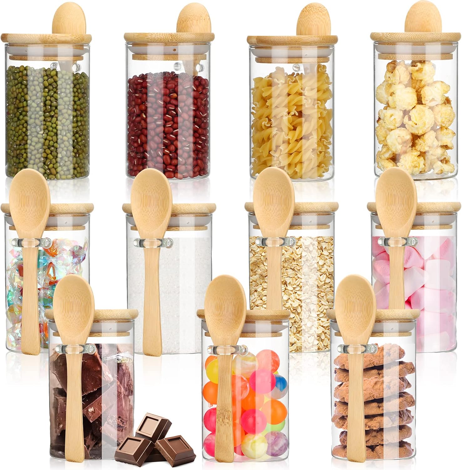 12 juegos de tarros de vidrio con tapas y cucharas de bambú, recipientes herméticos de vidrio de borosilicato, recipientes de almacenamiento de