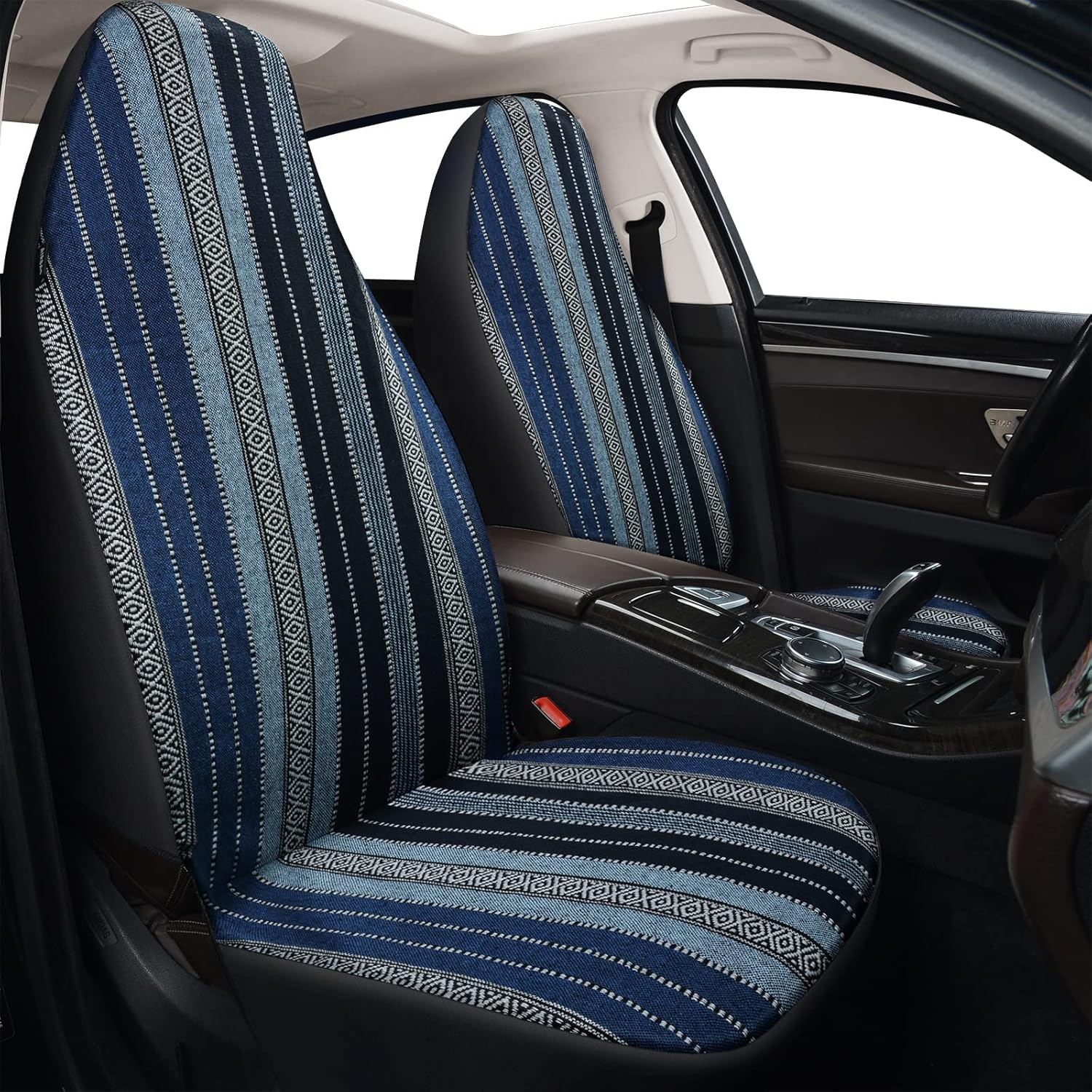 AKAUTO Juego de fundas de asiento delantero de auto con respaldo alto, lavable y transpirable, funda interior tejida a rayas coloridas universales