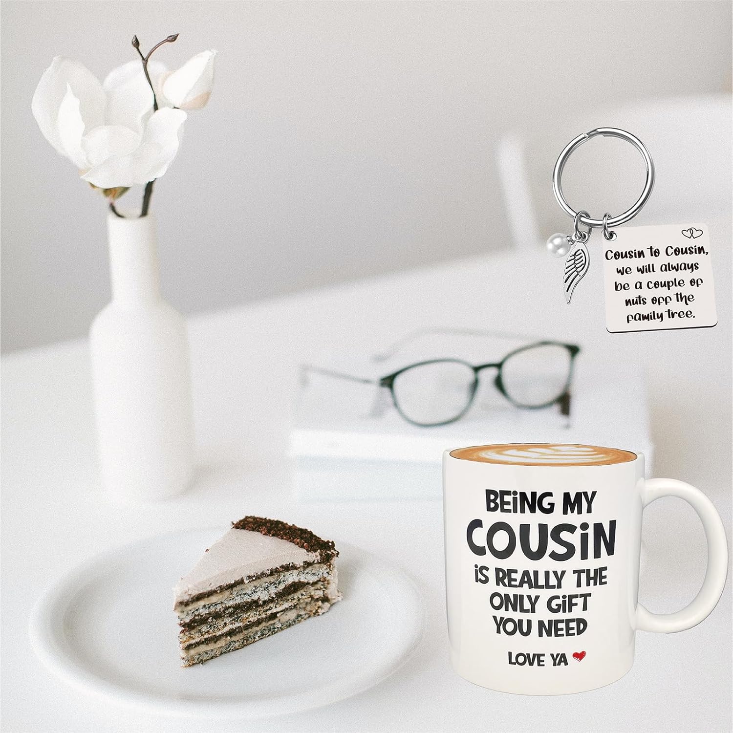 Divertido regalo para primas para mujer, taza de cerámica de 11 onzas, llavero para prima, regalo de cumpleaños para prima, taza de primo favorito,