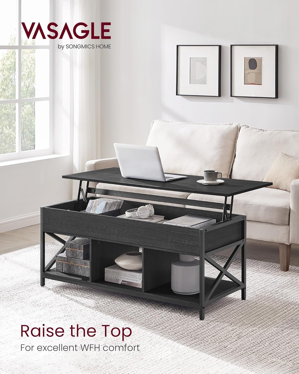 VASAGLE ULCT212B22 – Mesa auxiliar elevable con estante de almacenamiento, compartimentos ocultos y parte superior elevable, para sala de estar,