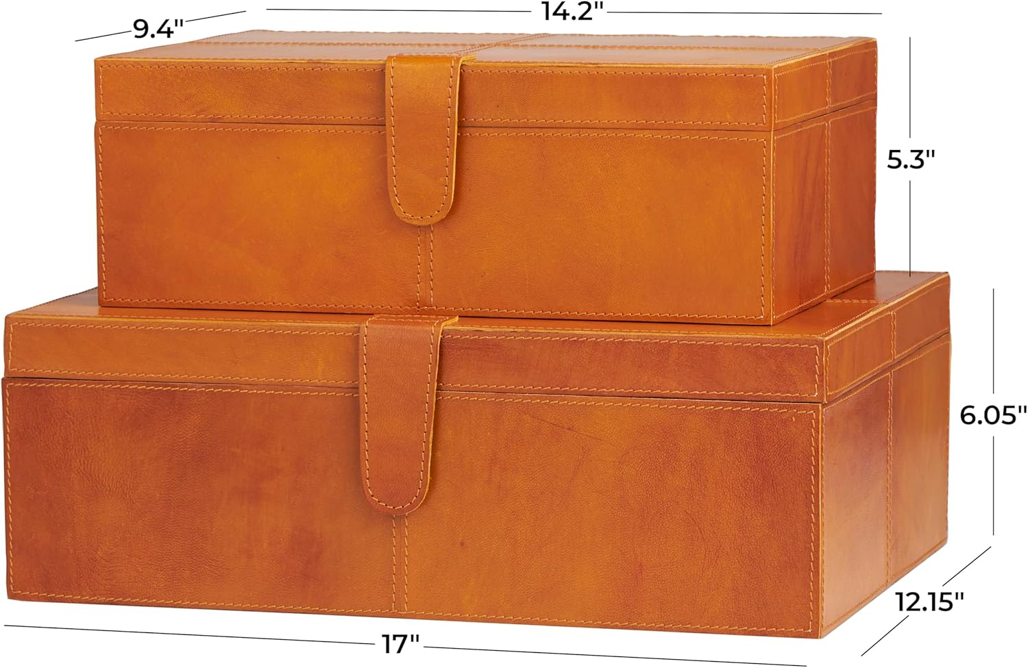 Deco 79 Caja decorativa de cuero hecha a mano con cierre frontal a presión y costuras detalladas, juego de 2 cajas de almacenamiento de 17 pulgadas,
