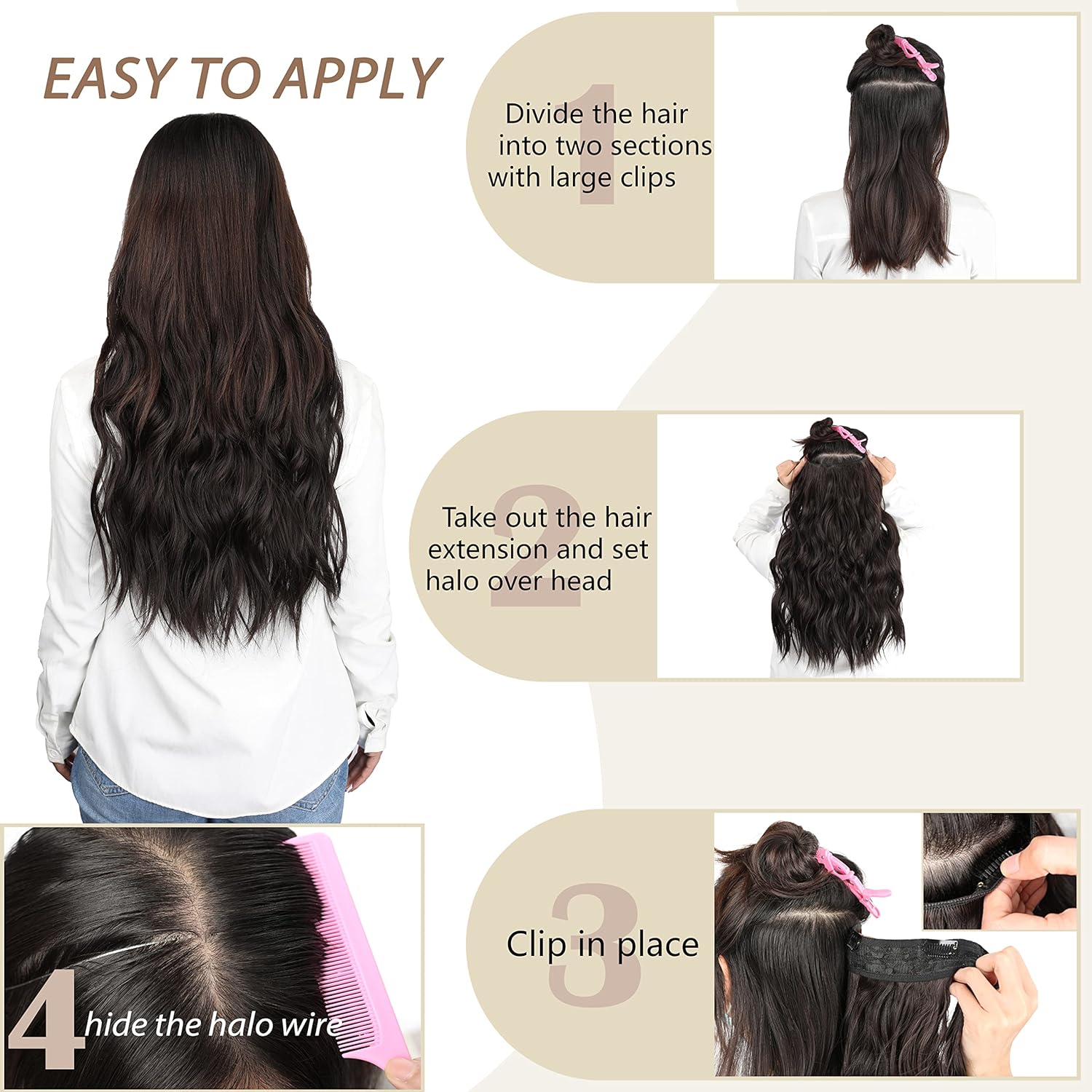 Extensiones de cabello con clip de 20 pulgadas con alambre invisible, tamaño ajustable, extensiones de cabello ondulado largo con 4 clips de