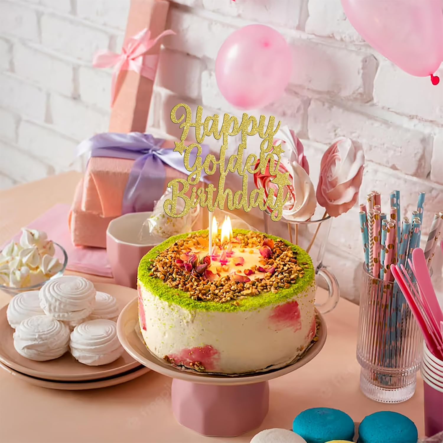 Rsstarxi 1 paquete de decoración de pastel de cumpleaños dorado con purpurina dorada para decoración de pastel de cumpleaños de 14, 16, 18, 30, 50,