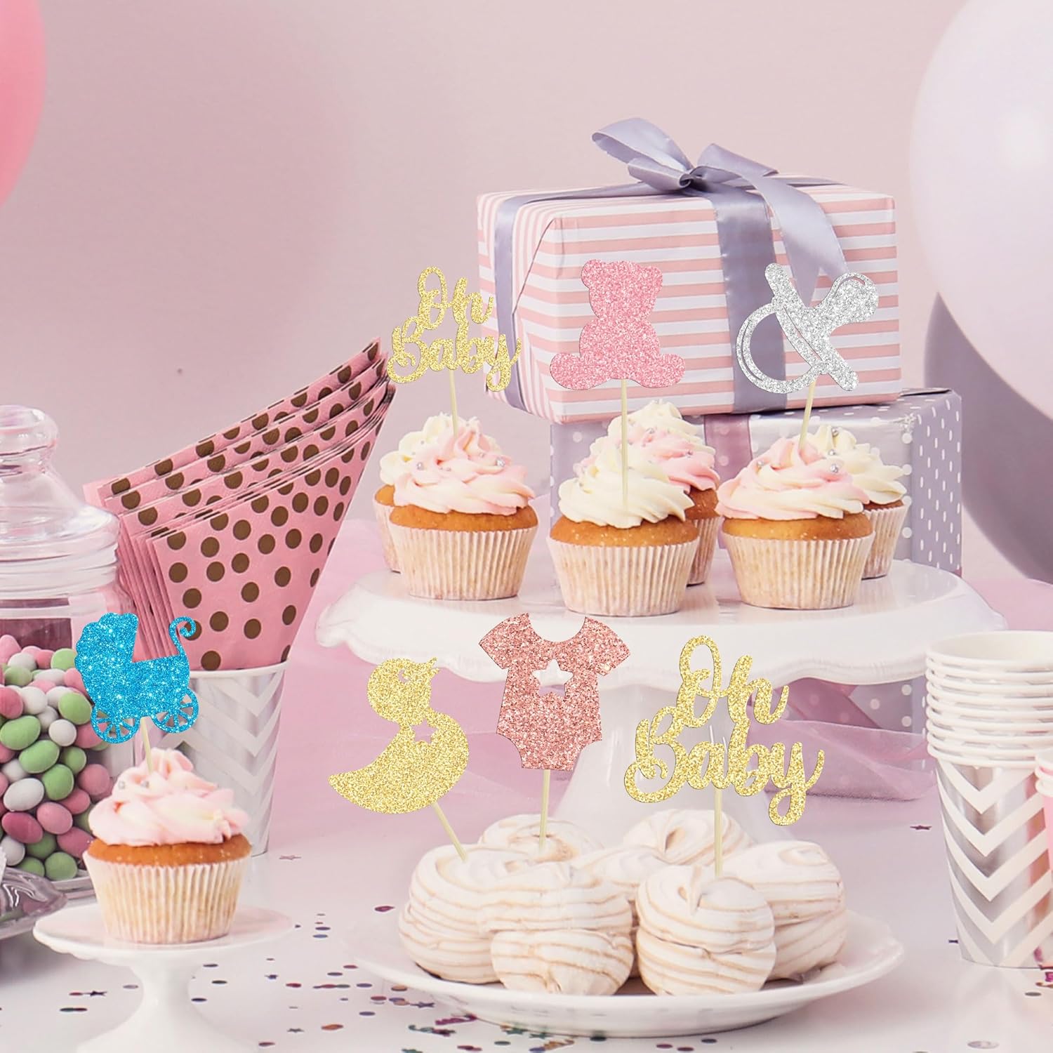 Gyufise 36 piezas de decoración para cupcakes con purpurina para baby shower, chupete de oso, carro, revelación de género, decoración de pasteles