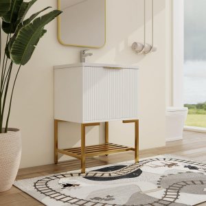 Tocador de baño independiente de 24 pulgadas con fregadero, tocador de baño de pie de 24 pulgadas, tocador moderno con 2 puertas y parte superior de Tocador de baño independiente de 24 pulgadas con fregadero, tocador de baño de pie de 24 pulgadas, tocador moderno con 2 puertas y parte superior de