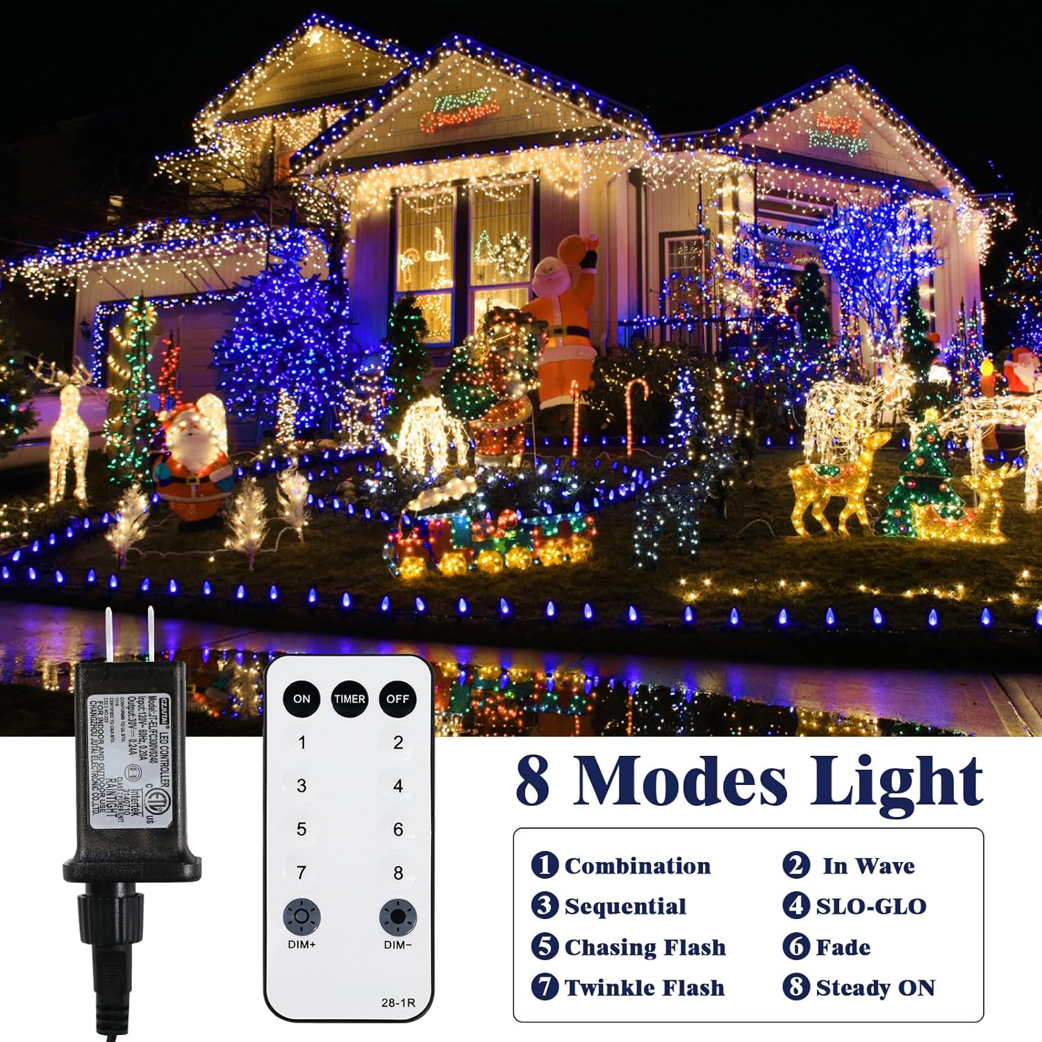 Guirnalda de luces de Navidad que cambian de color, 328 pies, 800 luces LED para árbol de Navidad para exteriores con 8 modos y temporizador,