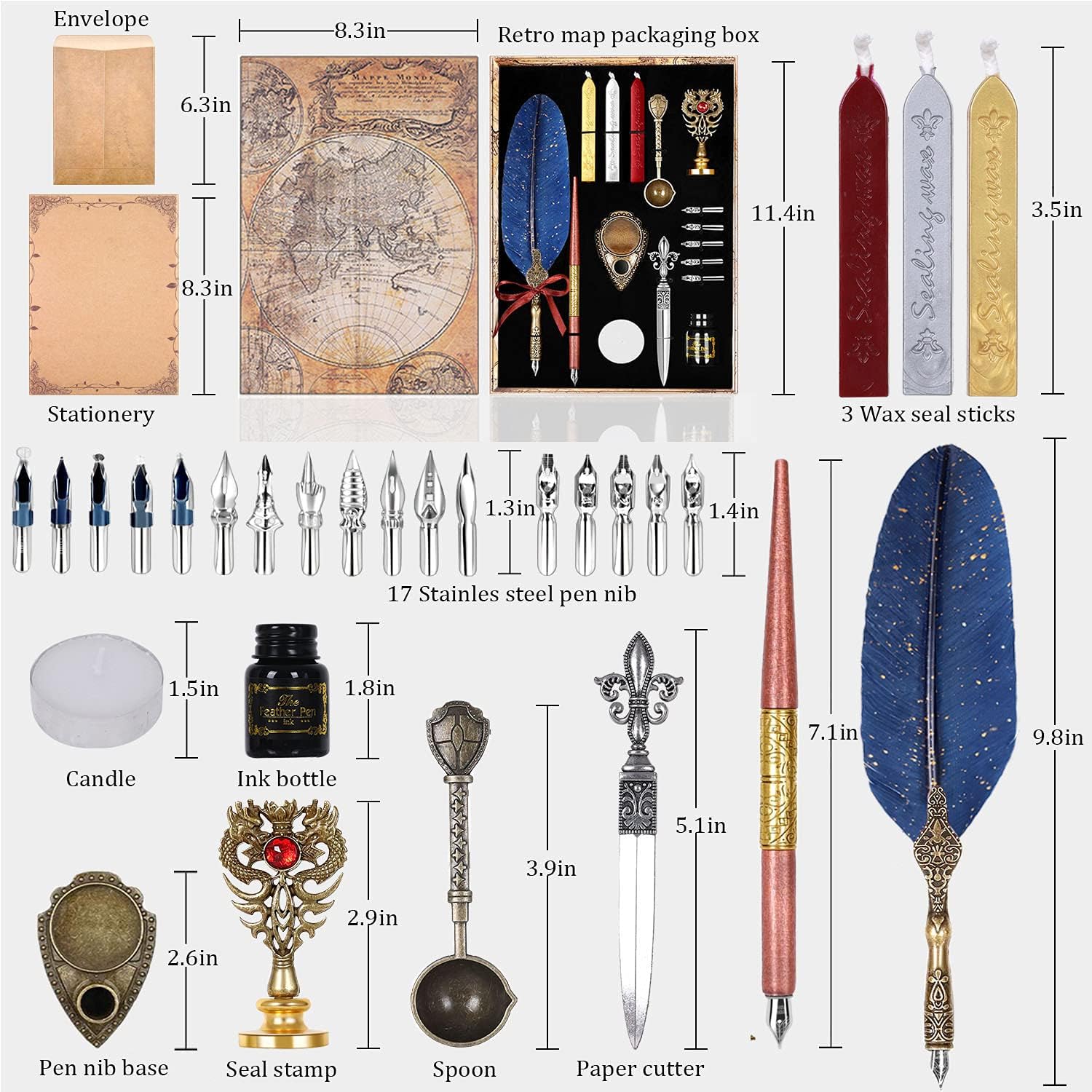 AIYNC Juego de tinta para plumas, incluye bolígrafo y bolígrafo de inmersión de madera, tinta, 17 puntas de repuesto, 3 varillas de sello de cera,