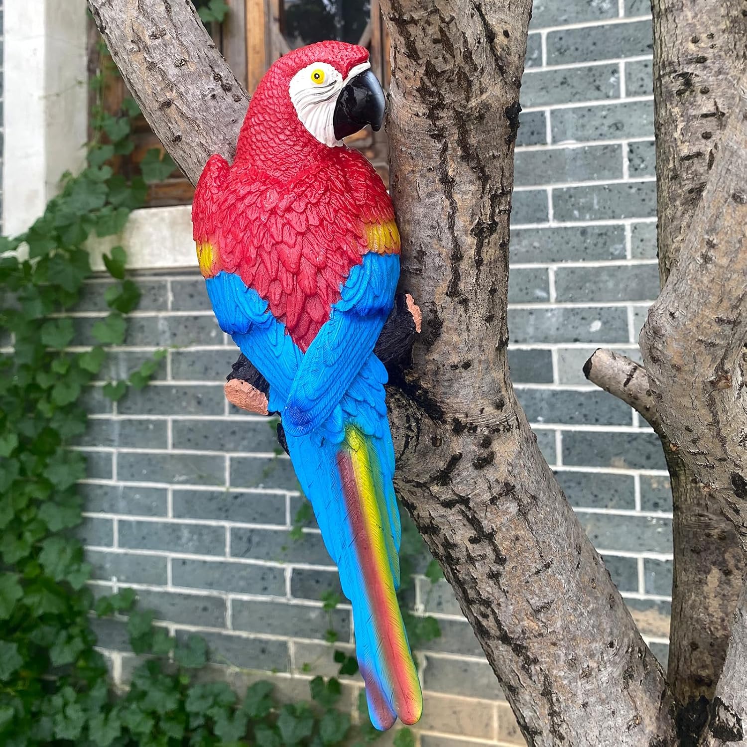 Loros abrazadores de árboles, estatuas de jardín, escultura de guacamayo, hermosa decoración artística colgante de árbol mirador pájaro adorno para
