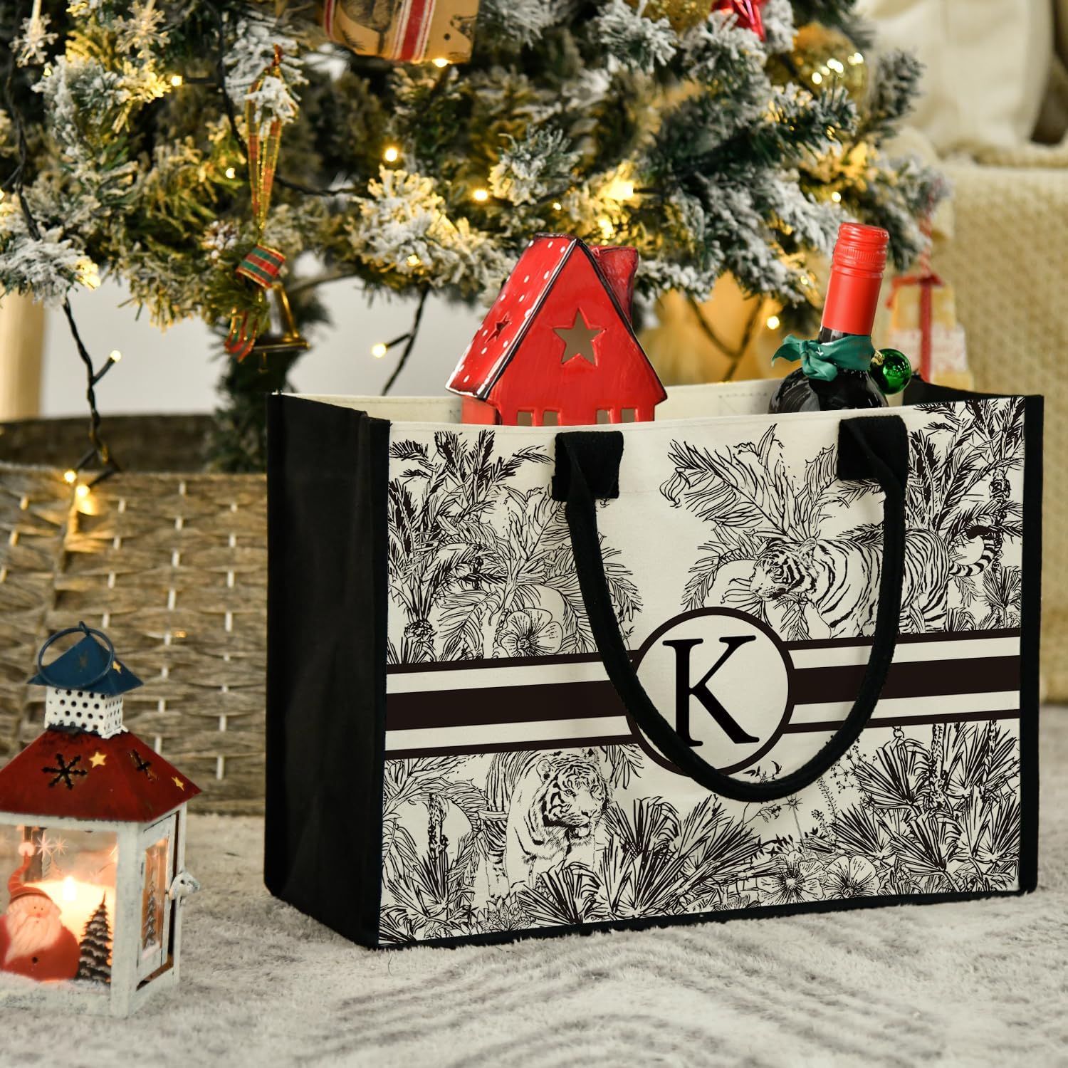 Horaldaily Bolsas reutilizables para comestibles, regalo personalizado con monograma de lona inicial para mujer, Beige