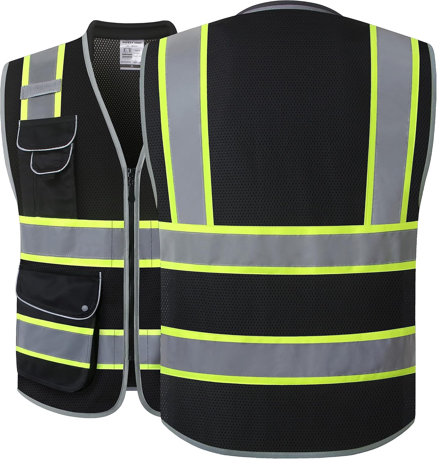 JKSafety Chaleco de seguridad negro de alta visibilidad con 9 bolsillos para hombres y mujeres, construcción reflectante, tela de malla de alta
