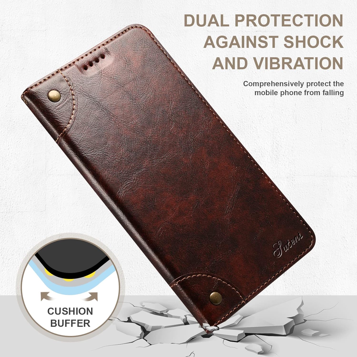 SINIANL Funda tipo cartera compatible con iPhone 15 Pro, con función atril magnético, tarjetero de cuero con tapa para iPhone 15 Pro, color marrón
