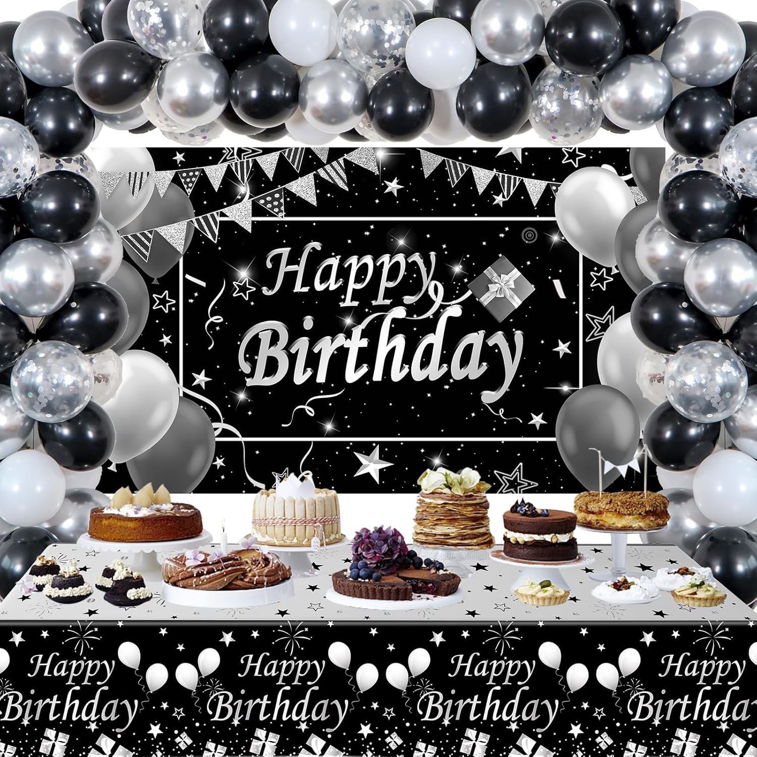 Decoraciones de cumpleaños plateadas y negras para hombres y mujeres, decoraciones de feliz cumpleaños para niños y niñas, decoración de fiesta,