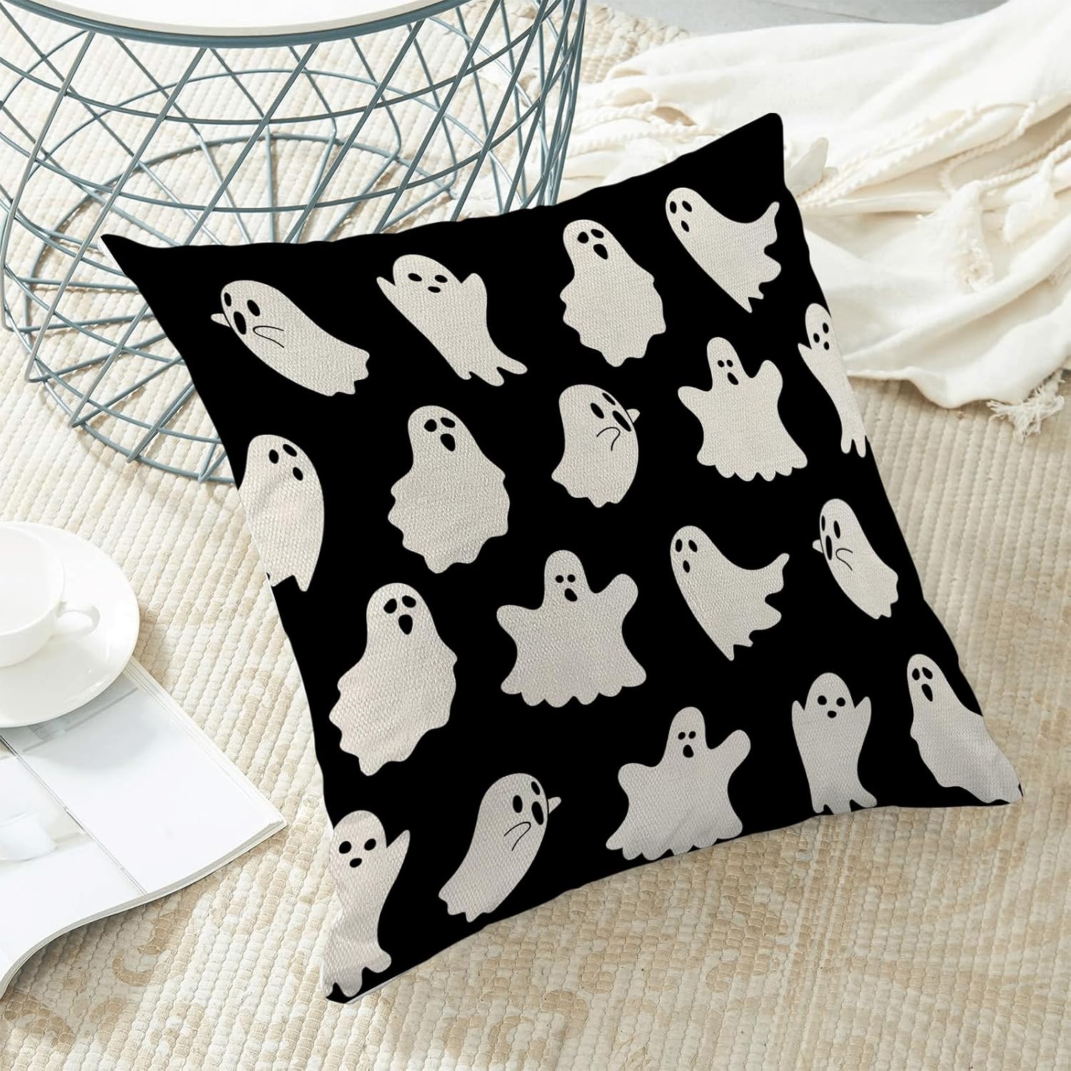 Juego de 2 fundas de almohada de Halloween de 20 x 20 pulgadas, lindo fantasma, para exteriores, de lino, granja, vintage, decoración de Halloween,