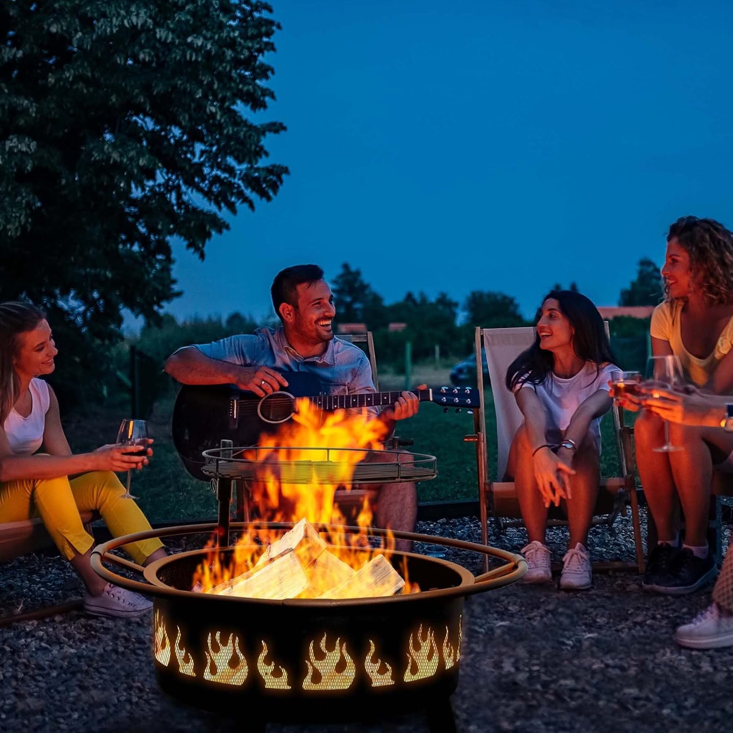 FUNBERRY Fogatas para exterior,Fogatas al aire libre con parrilla,Pozo de fuego de leña,Fogata de 30 pulgadas con pantalla de chispa,Rejilla de