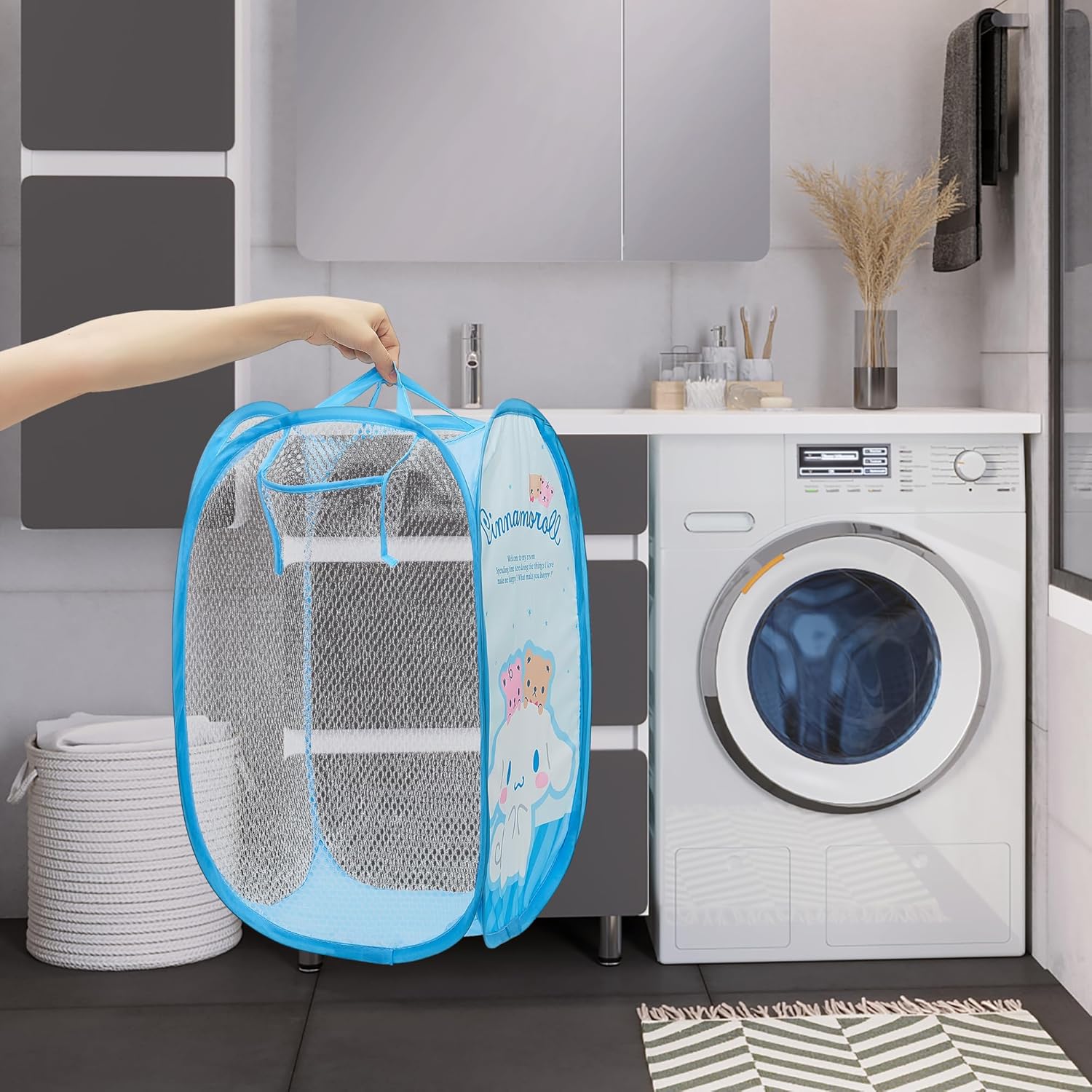 Bonita cesta de malla con asas de transporte, gran capacidad, plegable, ligera, para ropa sucia, para habitación de niñas, dormitorio, viajes y