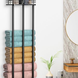 Toalleros para baño, toallero para baño montado en la pared con estante y 3 ganchos, toallero de baño, puede contener hasta 6 toallas de baño Toalleros para baño, toallero para baño montado en la pared con estante y 3 ganchos, toallero de baño, puede contener hasta 6 toallas de baño