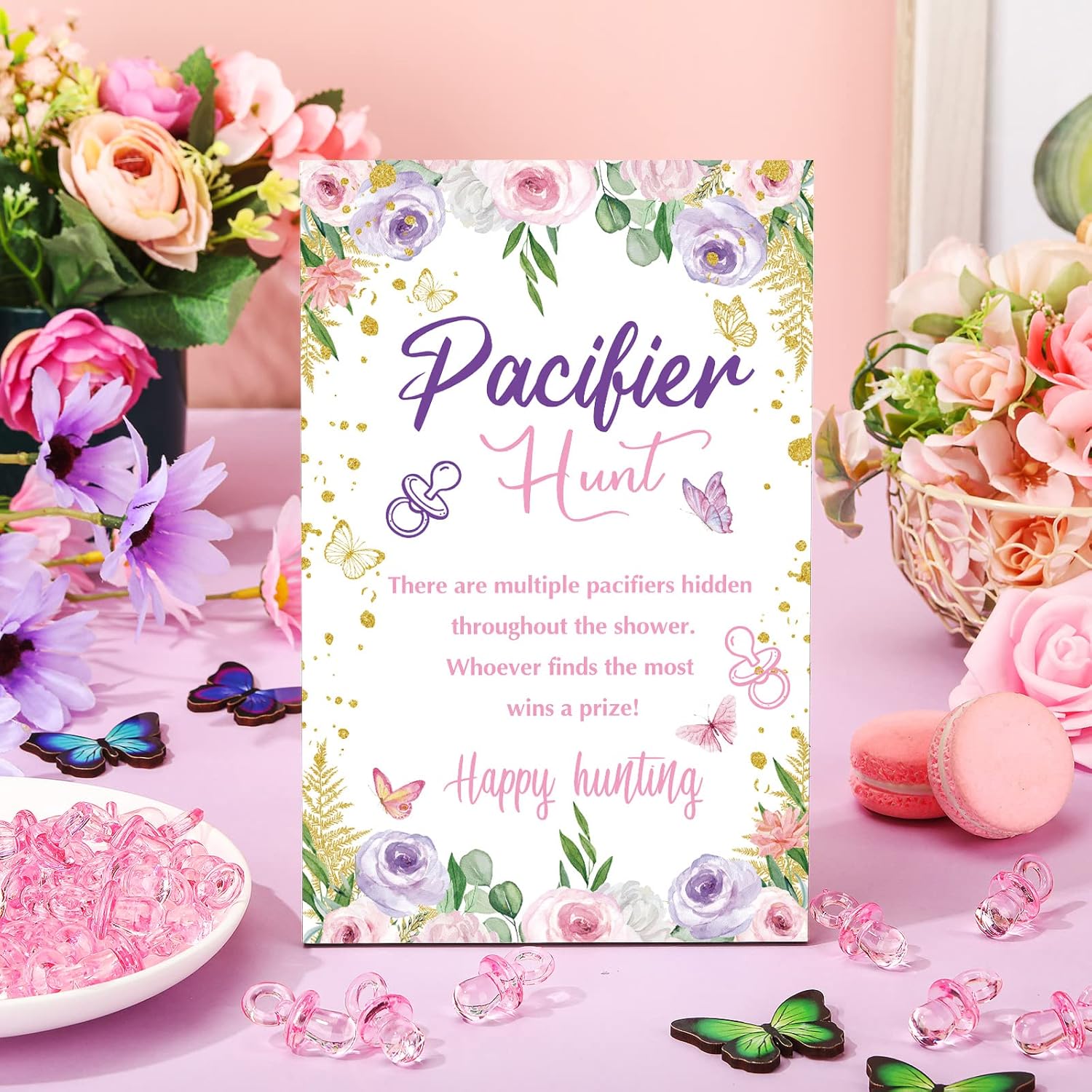 51 juegos geniales para baby shower, incluyen letrero de caza de chupete de mariposa y 50 chupetes acrílicos para bebé, mini chupetes para fiesta de