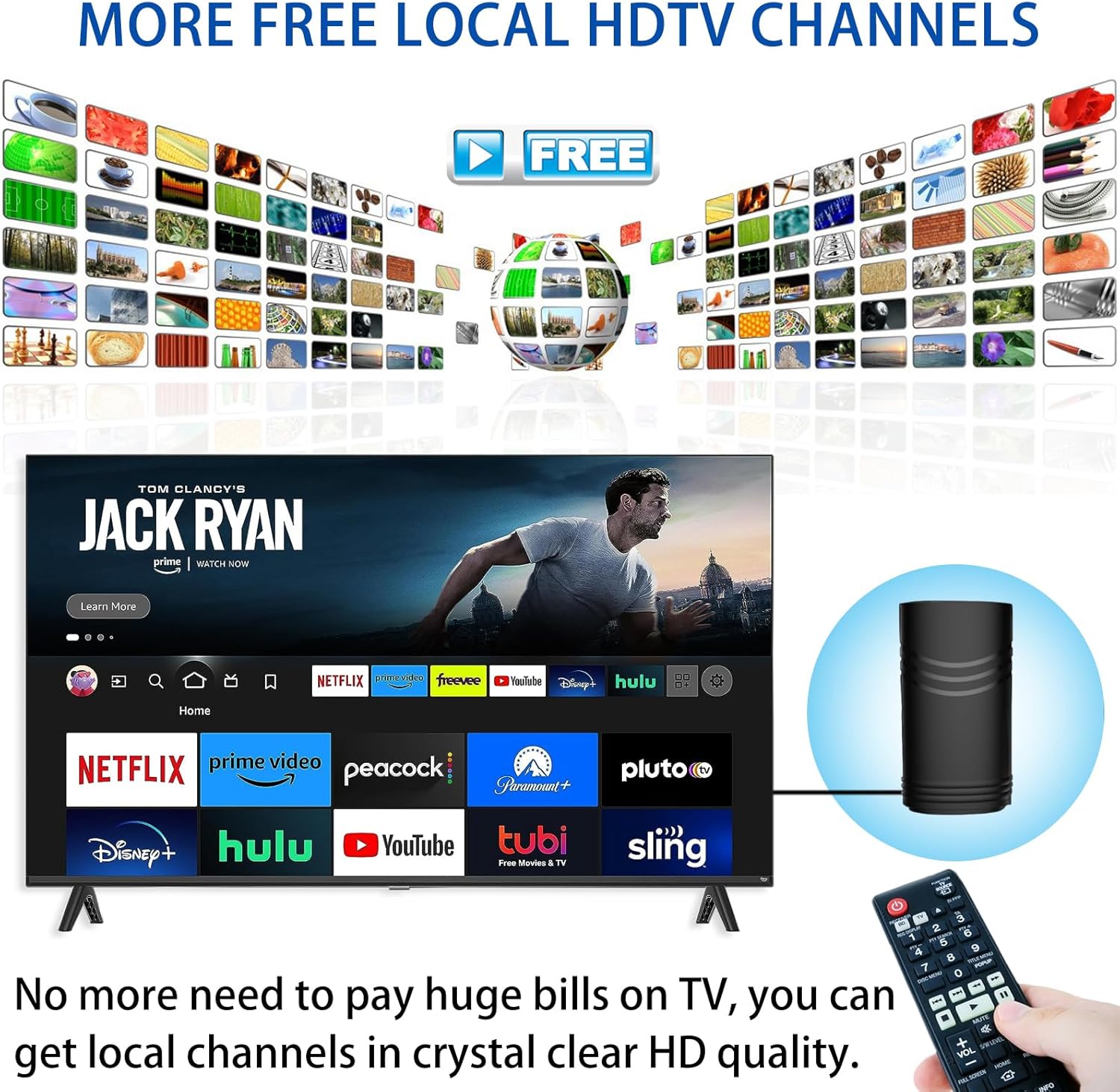 Antena de TV digital 2023, canales locales gratuitos, antena de TV de rango de más de 450 millas, soporte 4K HD 1080P VHF UHF, listo para interiores