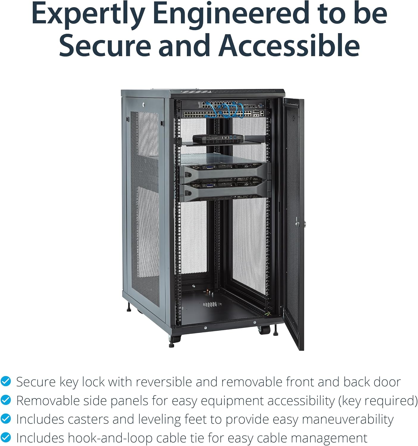 StarTech.com Gabinete para rack de servidores de 4 postes de 24U, gabinete de rack de datos de 19″ para equipos de TI  red, con rieles de montaje