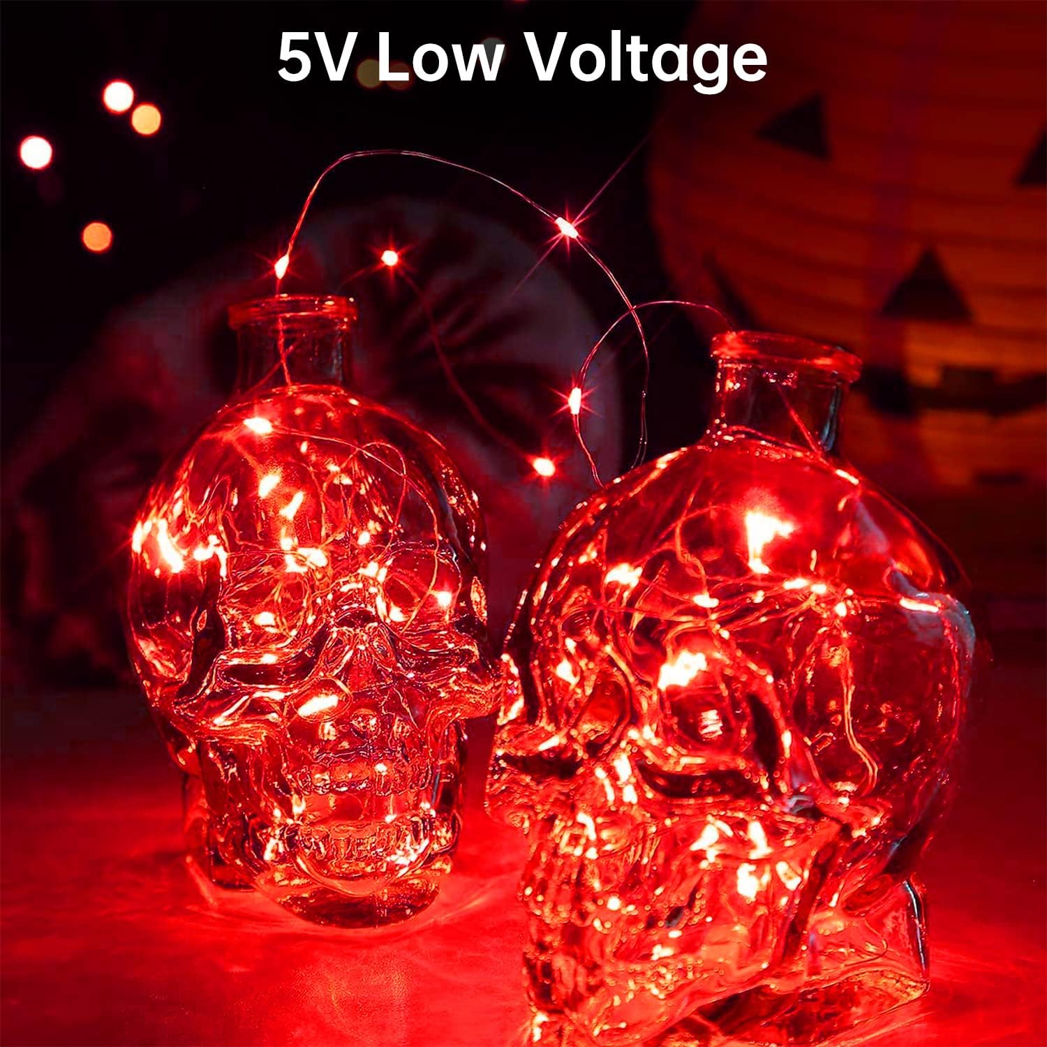 Blingstar Guirnalda de luces rojas de Navidad de Halloween, paquete de 2 tiras de luces LED de 33 pies, 100 luces LED de alambre plateado para