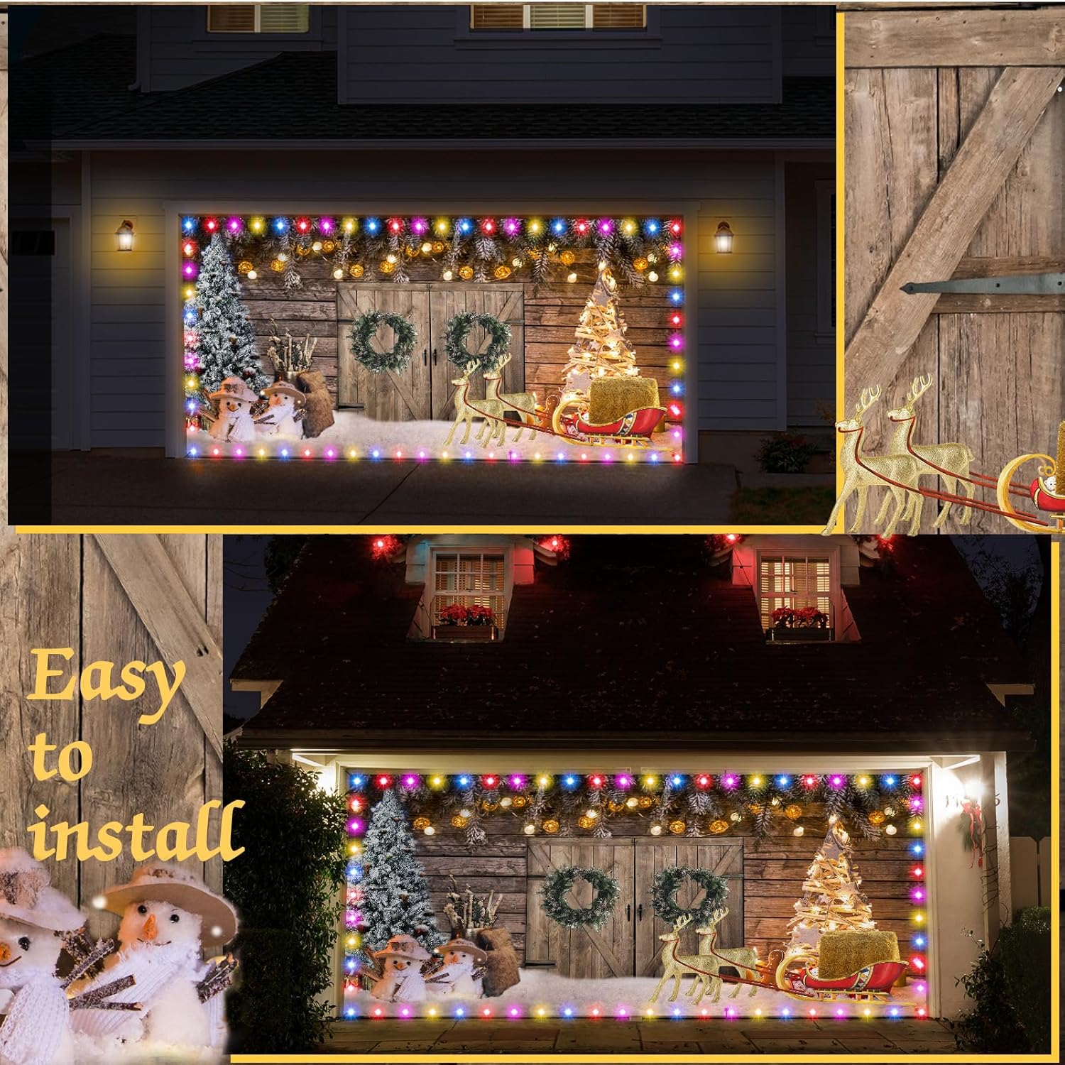 Cartel de Navidad de 7 x 16 pies para puerta de garaje de granero de Navidad, decoración de fondo grande de Navidad con tira de luces LED,