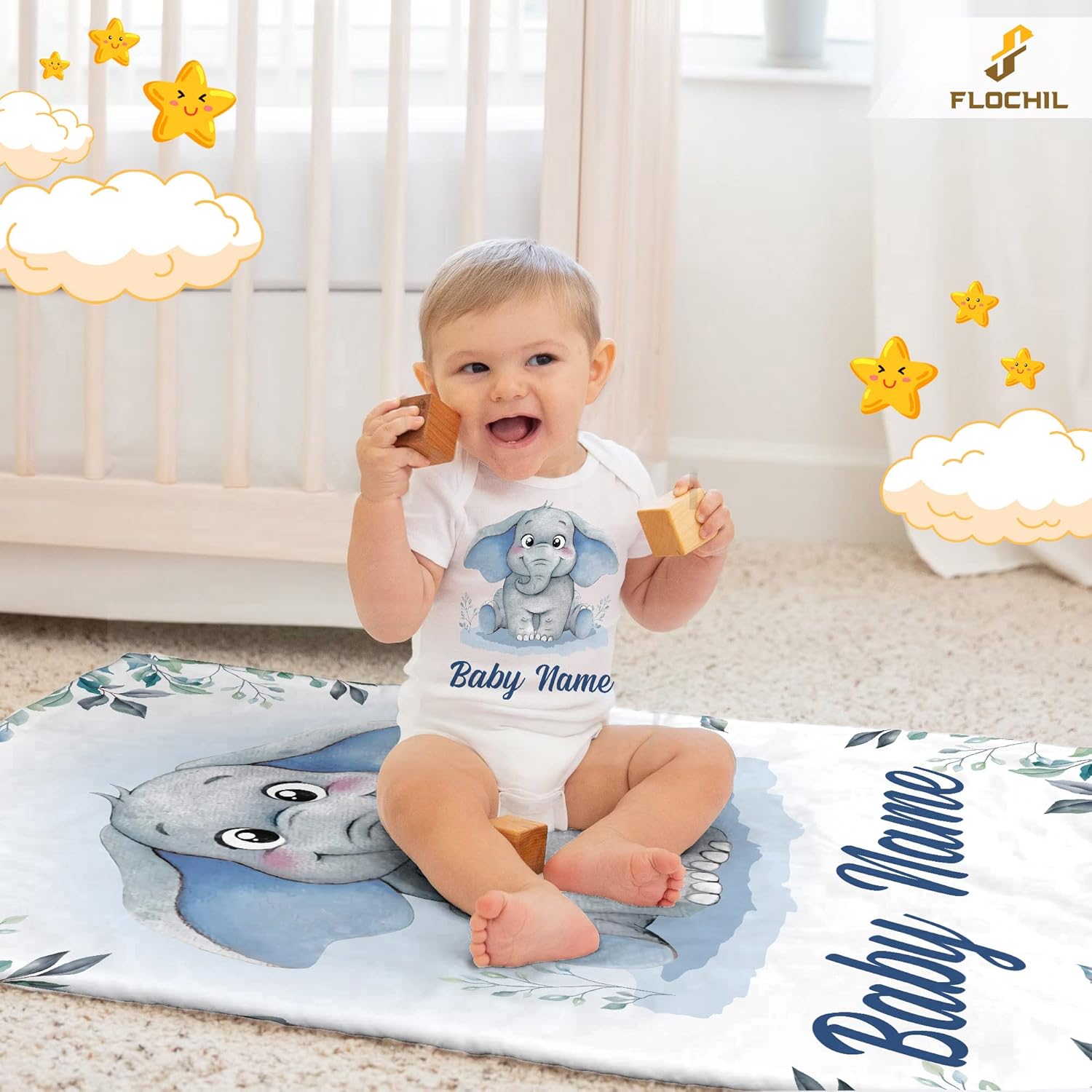 FLOCHIL Mantas de bebé personalizadas, manta de bebé personalizada  Manta de bebé con nombre para niños, el mejor regalo para bebé, elefantes recién
