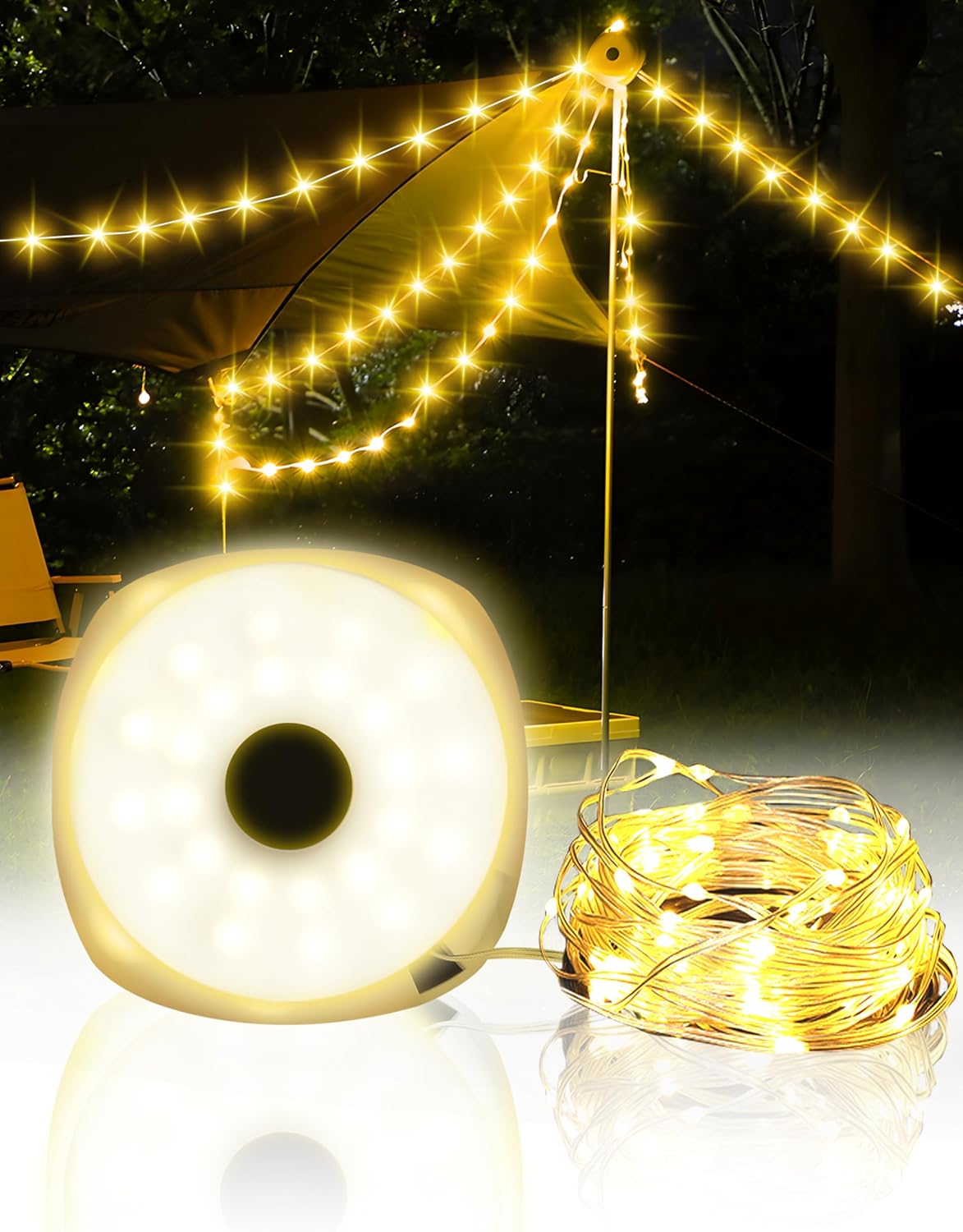 Favourlite Linterna de campamento con cuerda, 5 modos de iluminación de 33 pies, cadena de luces para exteriores, 2 en 1, recargable por USB,