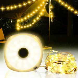 Favourlite Linterna de campamento con cuerda, 5 modos de iluminación de 33 pies, cadena de luces para exteriores, 2 en 1, recargable por USB, Favourlite Linterna de campamento con cuerda, 5 modos de iluminación de 33 pies, cadena de luces para exteriores, 2 en 1, recargable por USB,