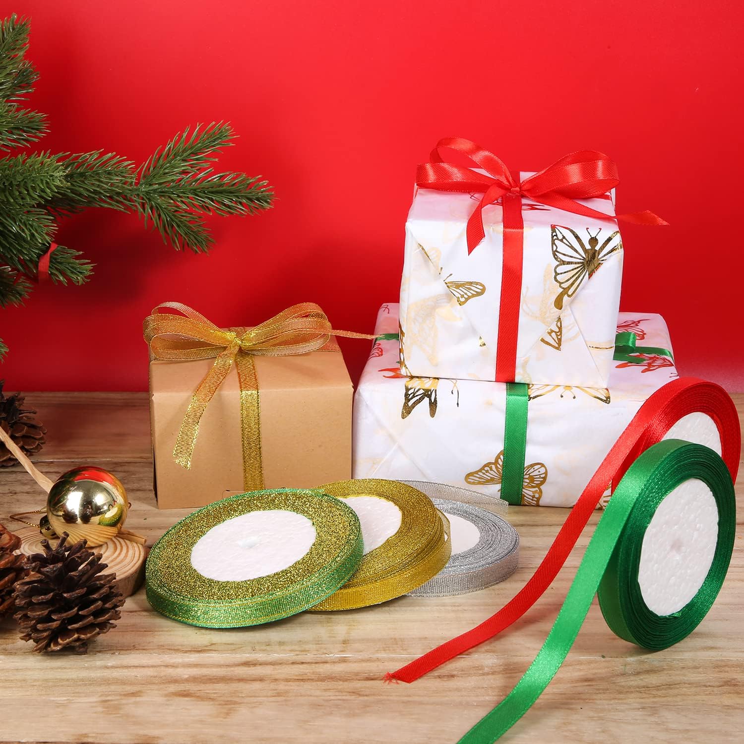 5 rollos de cintas de Navidad para manualidades, paquete de regalo de 25 yardas, envoltura de tela metálica con purpurina para festivales navideños,