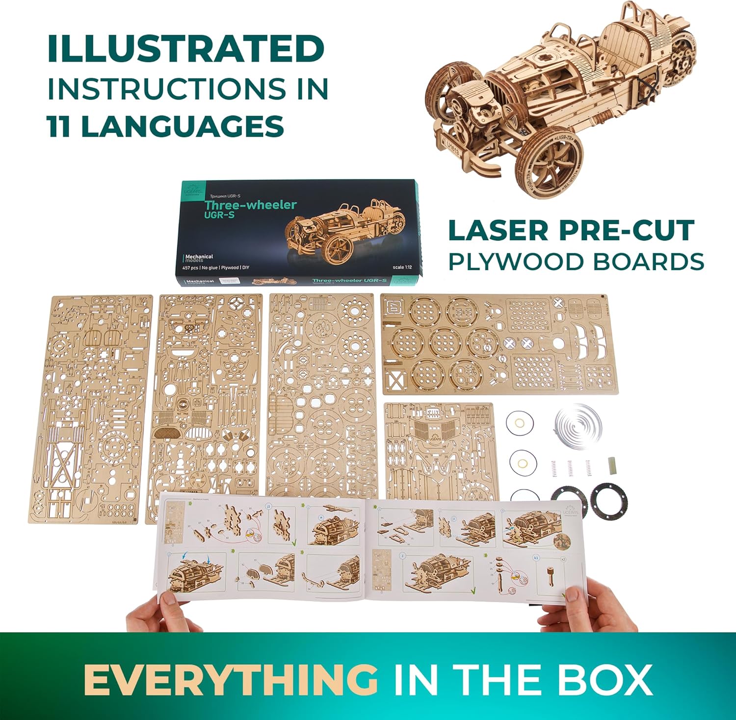 Ugears UGR-S de tres ruedas – Kit de modelo de motocicleta de madera – Rompecabezas 3D para adultos – Kits de modelos de madera para construir – Kit