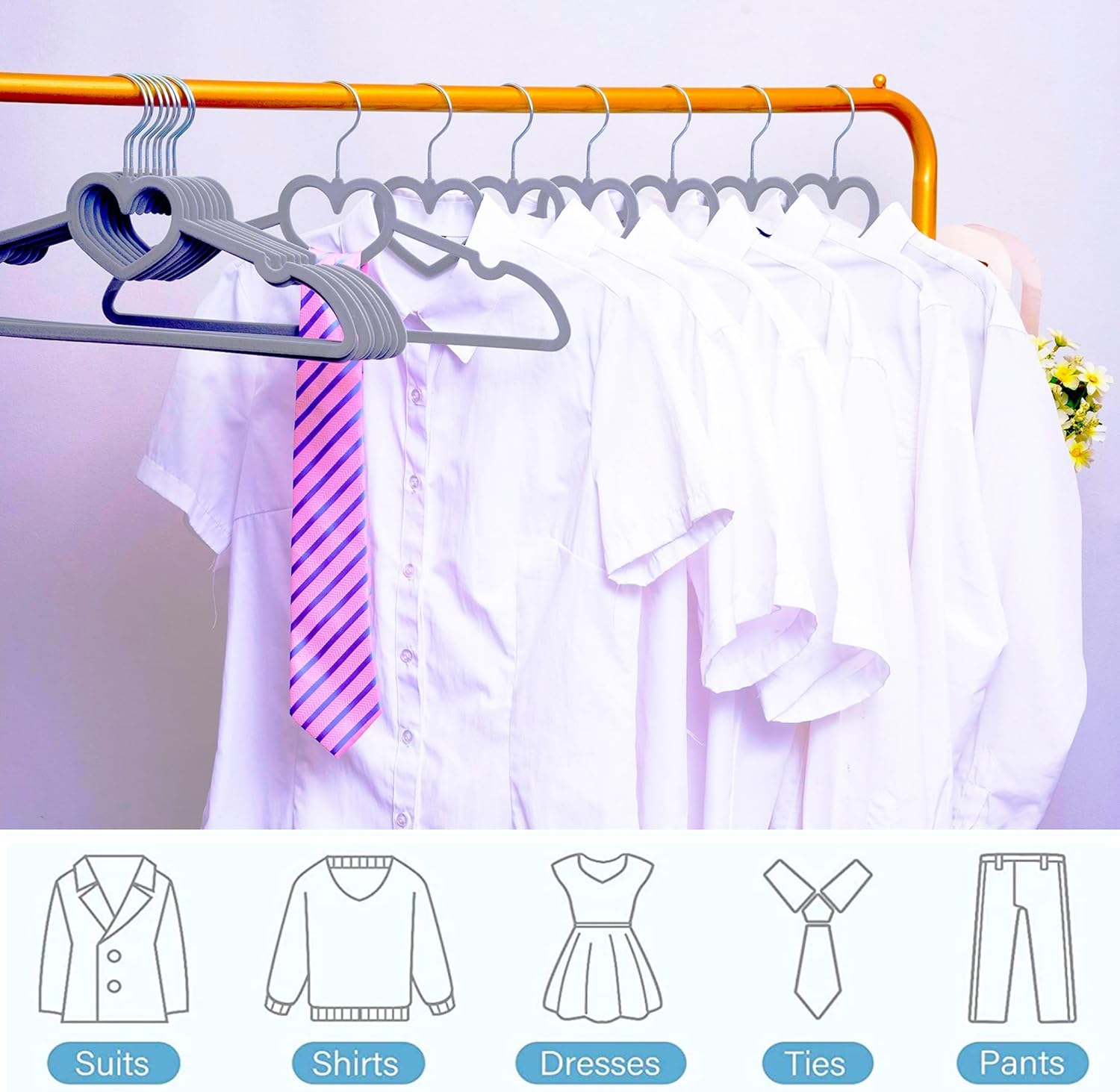 Paquete de 50 perchas de terciopelo gris, perchas antideslizantes de 16 pulgadas para adultos, colgador de ropa delgado con gancho giratorio de 360